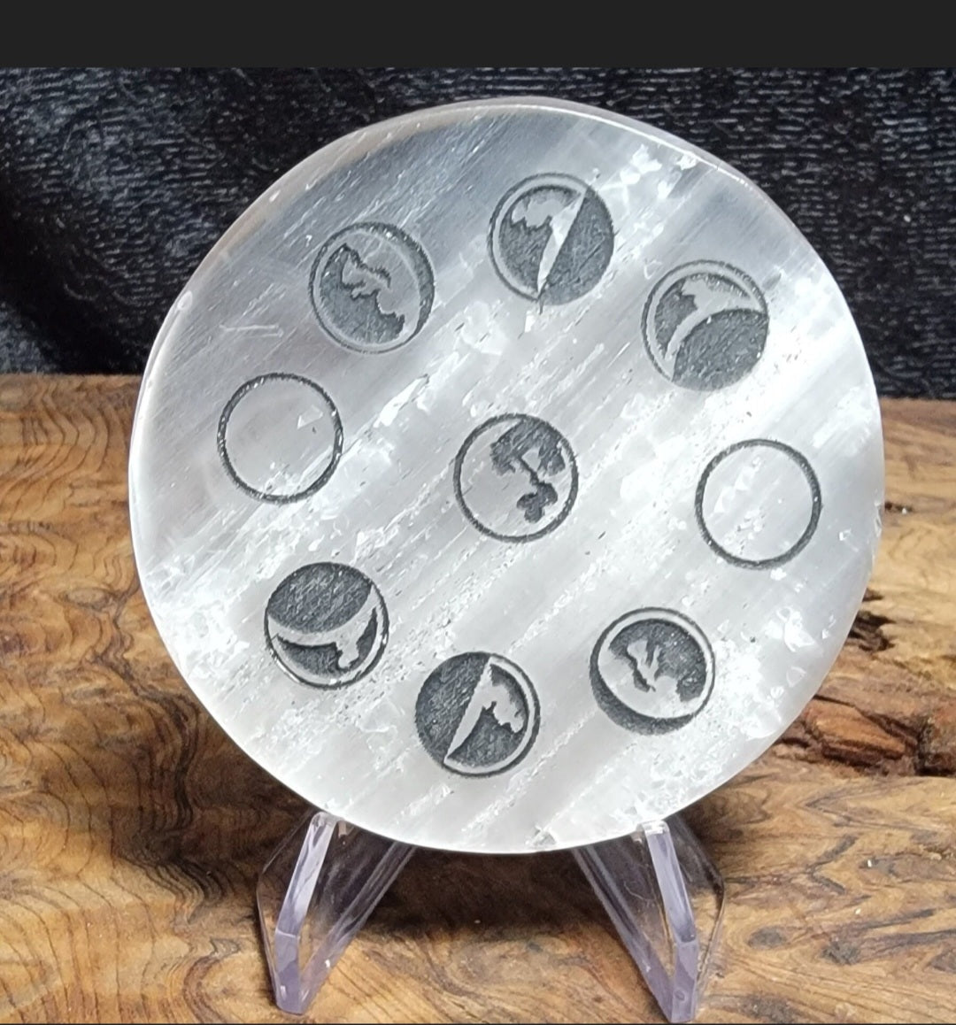 Round Selenite Plate with lunar phase engraved in black