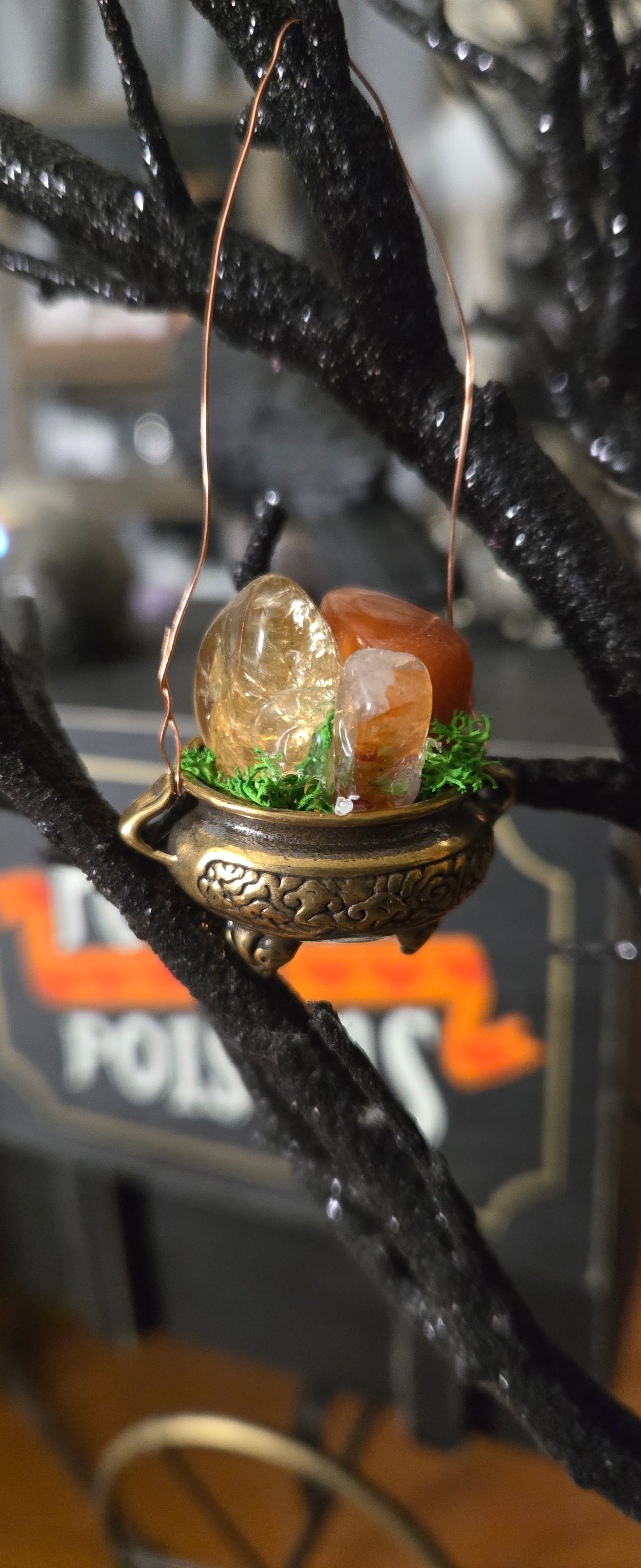 Brass Cauldron Crystal Ornament – Witchy Yule Tree Décor