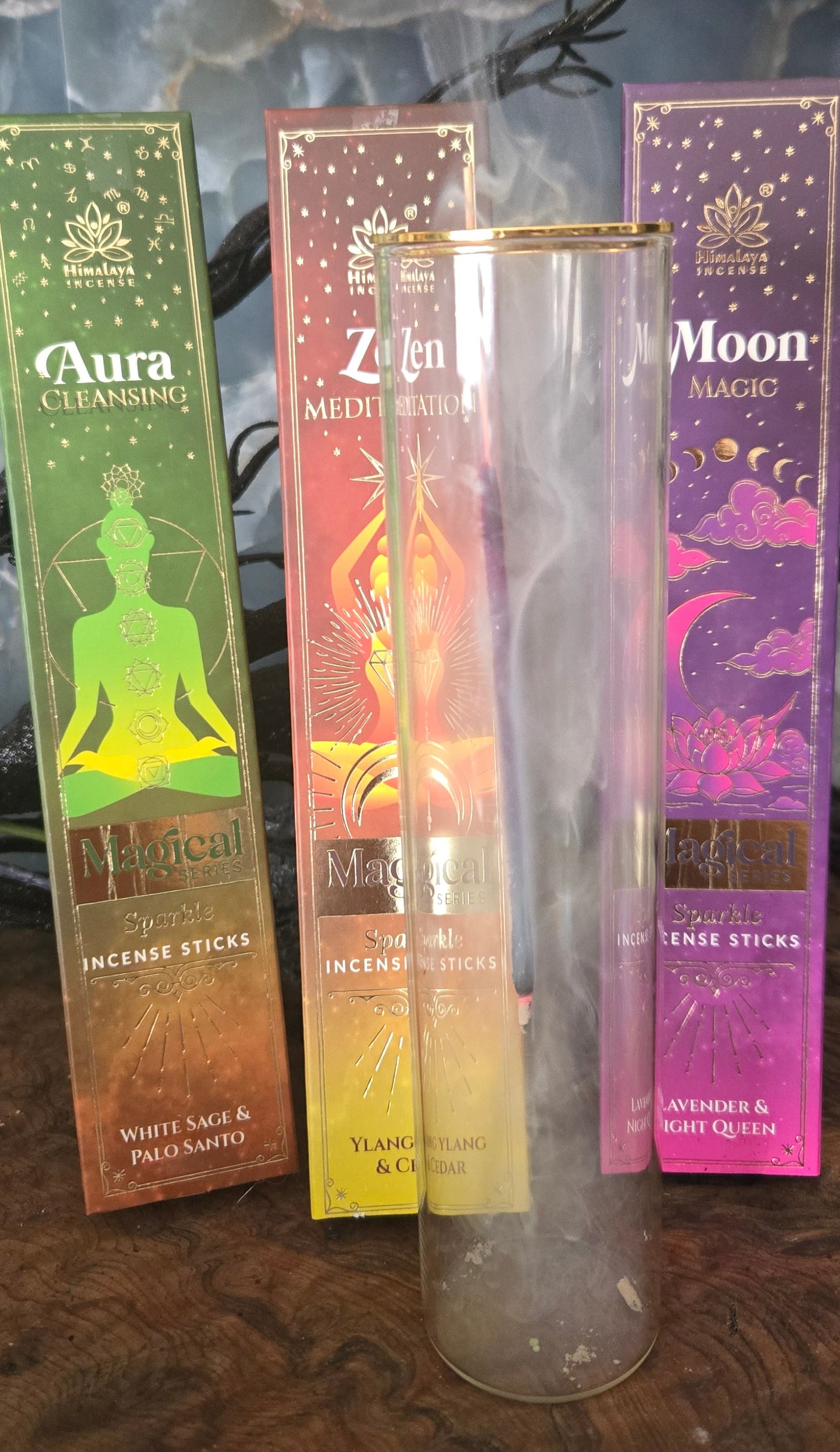 Glass Incense Holder with Magic Series Incense Sticks Bundle Set – Crystal Clear Holder + Spell Intention Incense