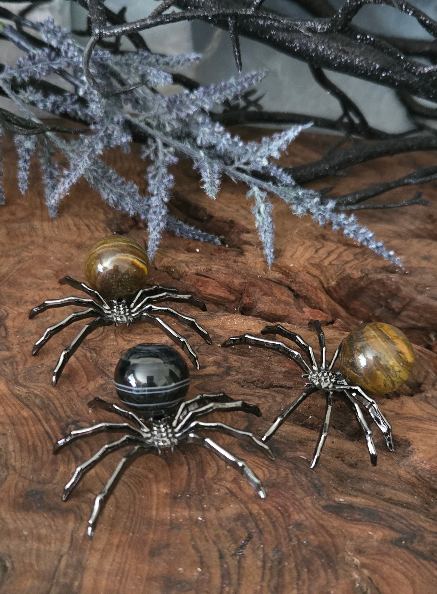 Crystal & Metal Spider — Tiger’s Eye or Agate | Protection & Luck