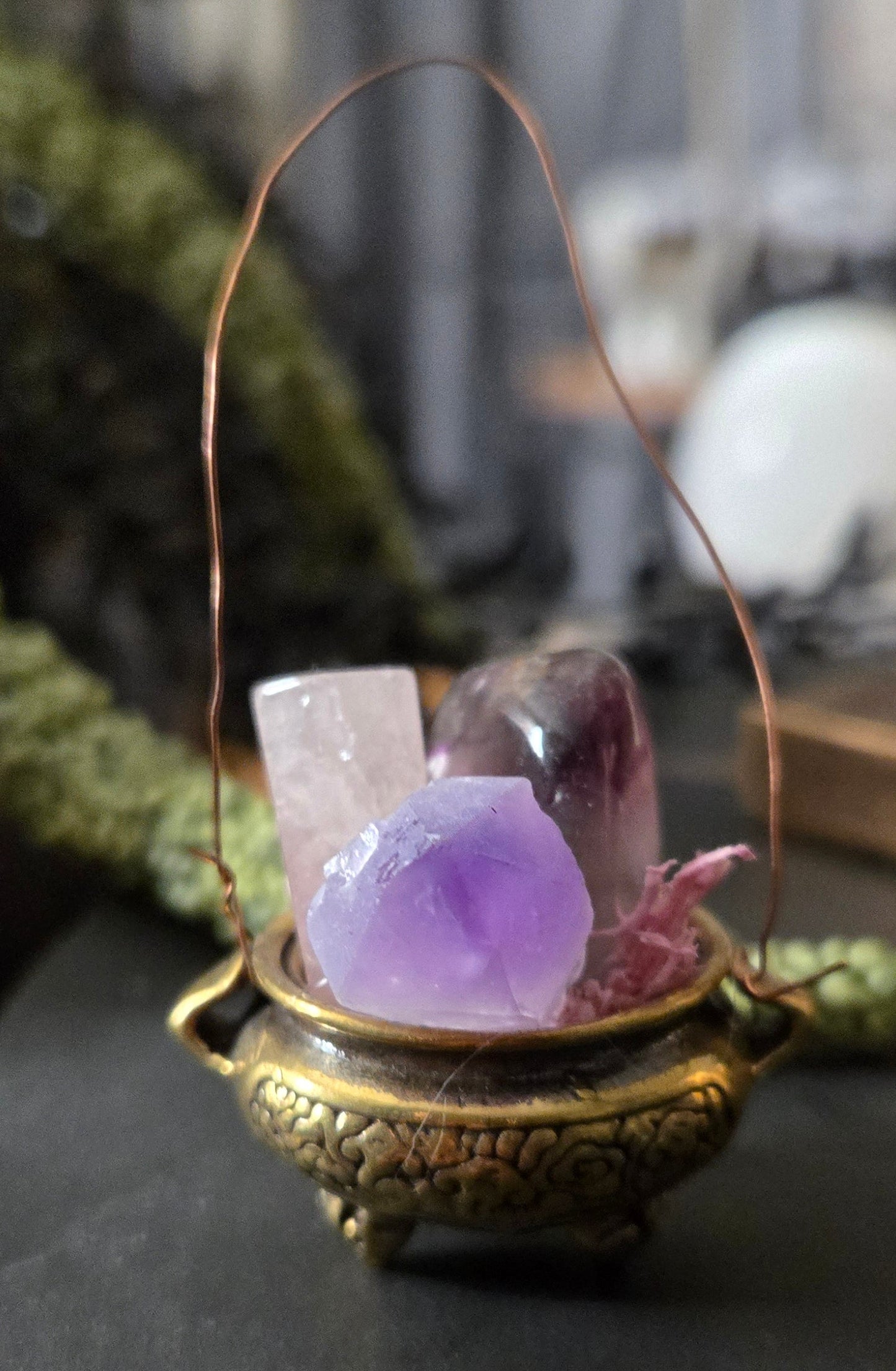 brass cauldron with Amethyst, rose quartz and fluorite