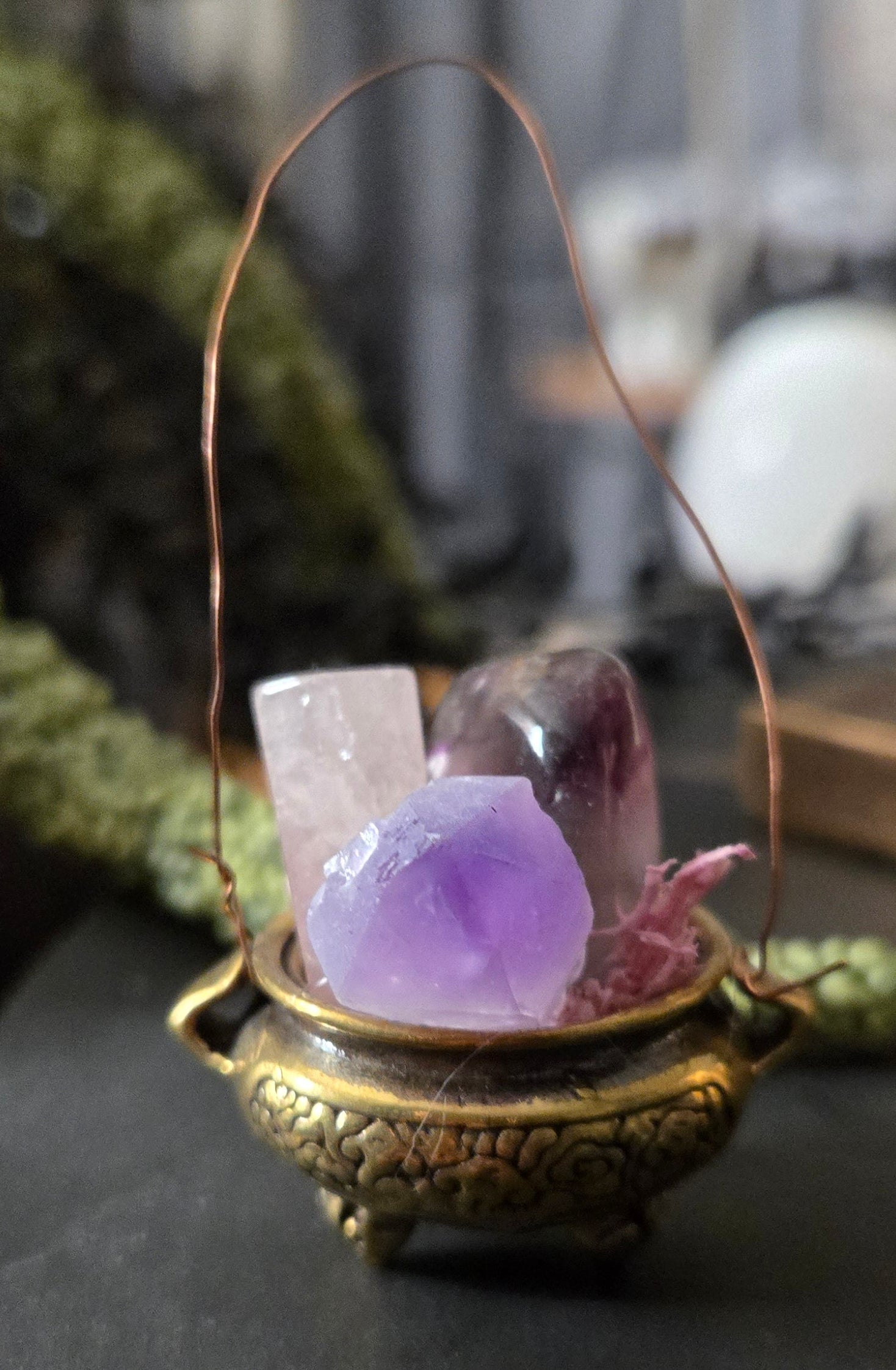 brass cauldron with Amethyst, rose quartz and fluorite