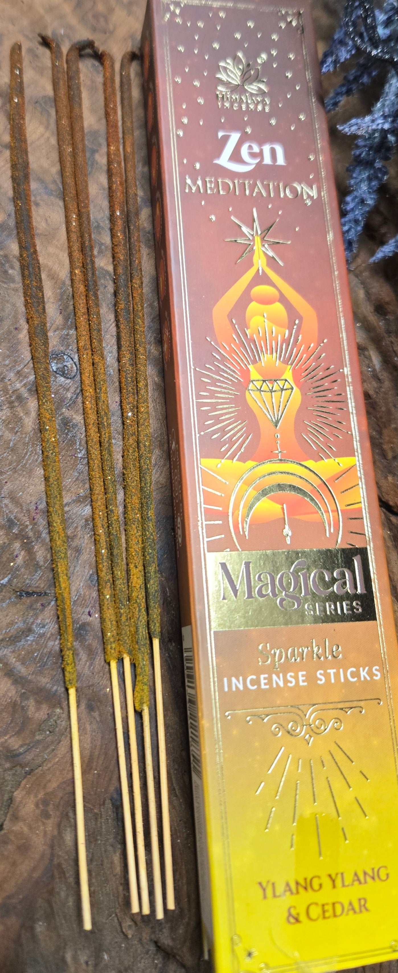 Zen Meditation Incense Sticks – Ylang Ylang & Cedar | Yellow & Brown with Golden Glitter | Calm & Grounded Aromatherapy