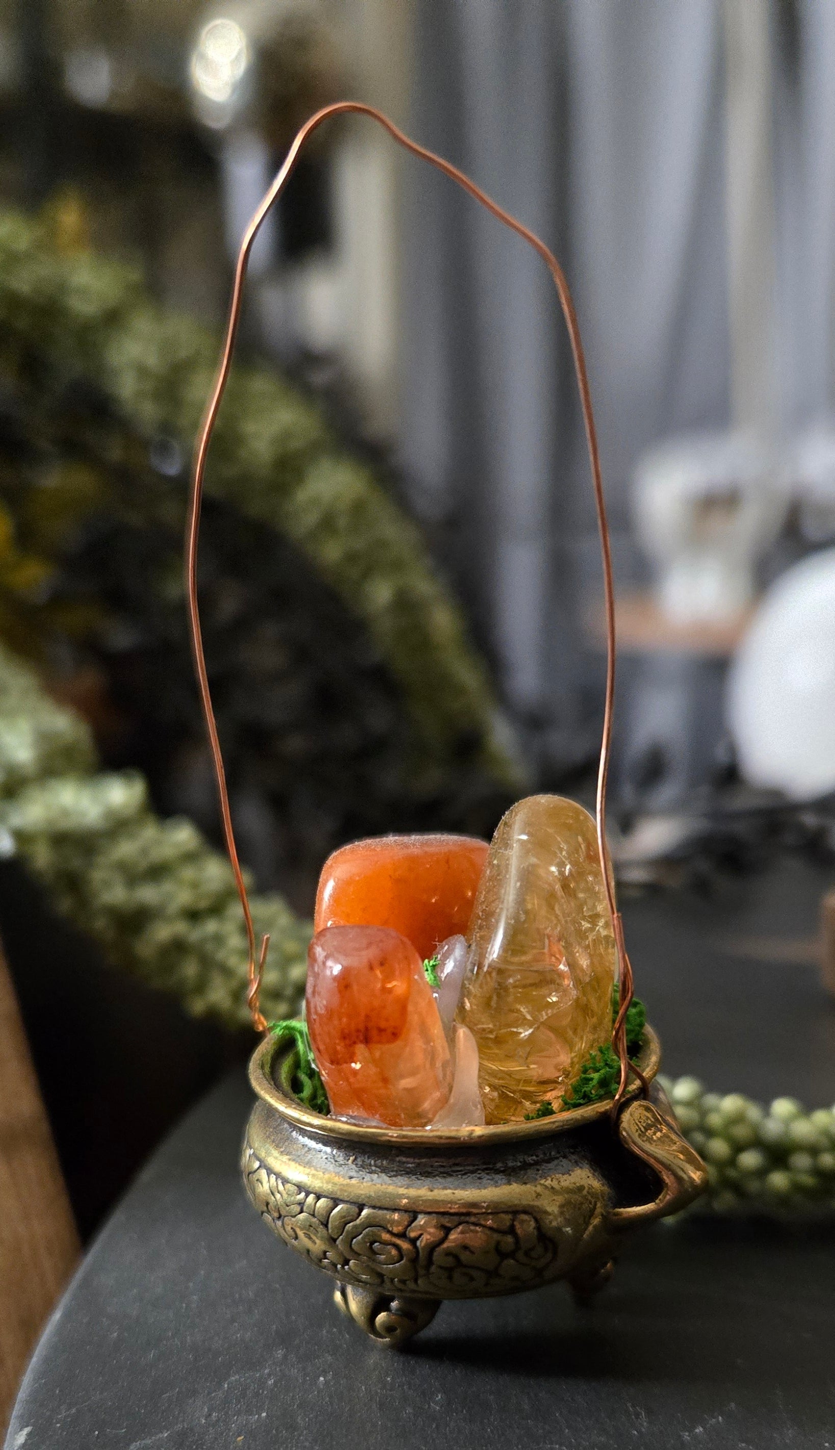 brass cauldron with citrine, carnelian and sunstone