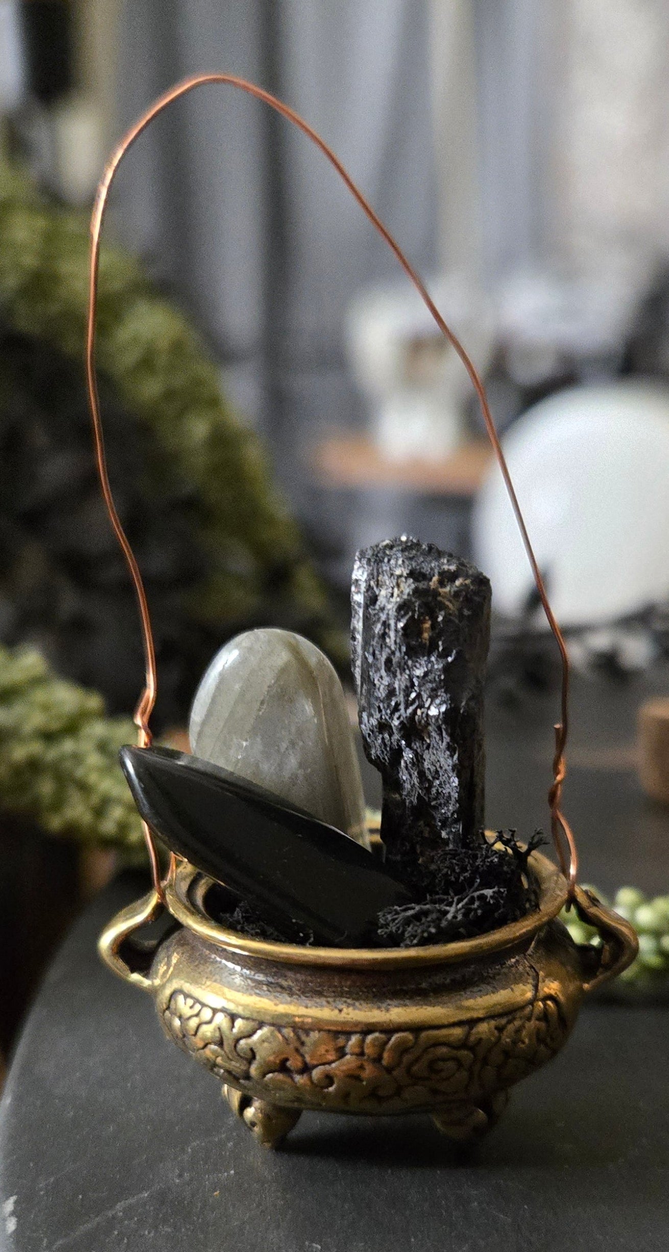 brass cauldron with Black Tourmaline, Smoky Quartz and Labradorite