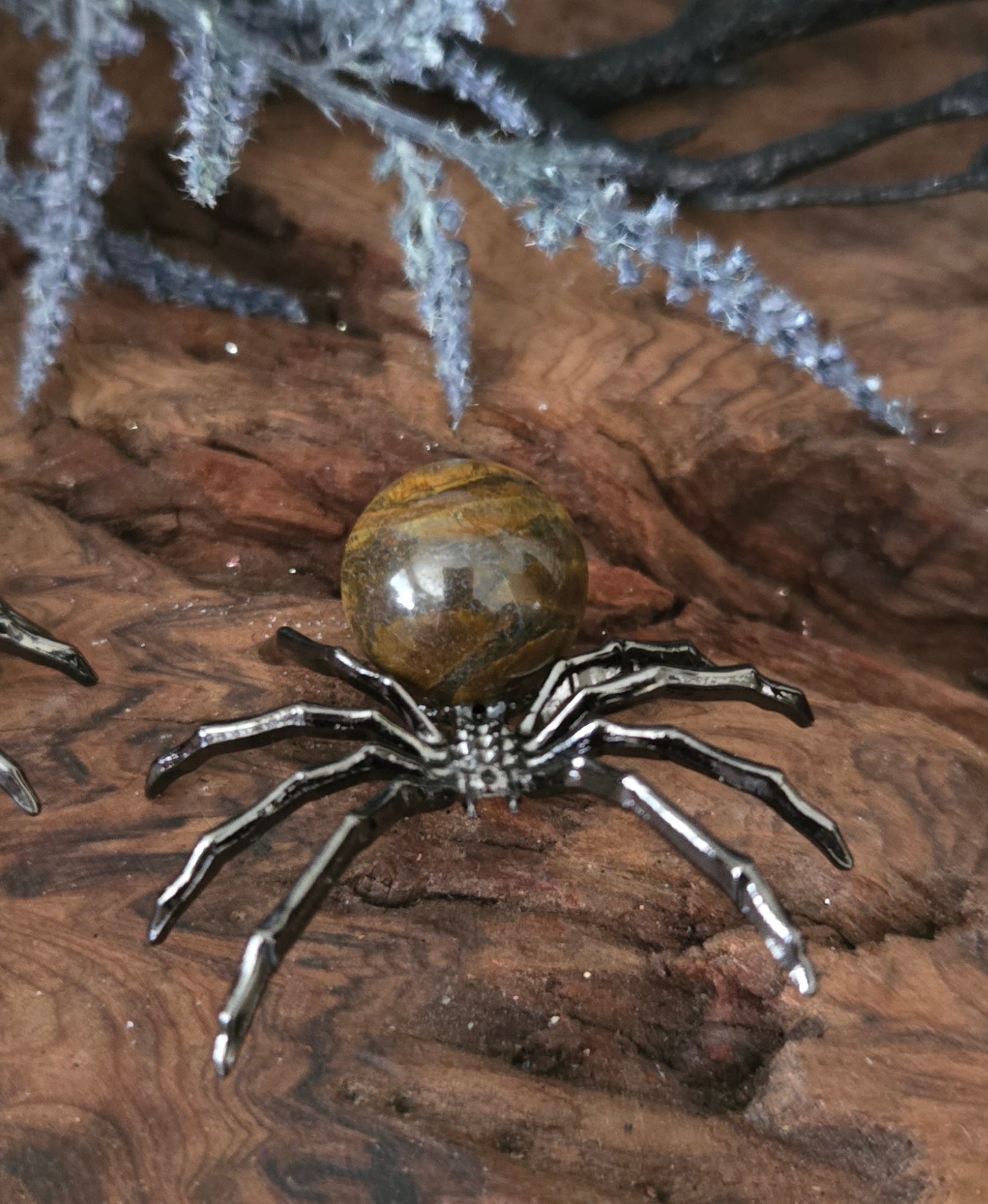 Crystal & Metal Spider — Tiger’s Eye or Agate | Protection & Luck
