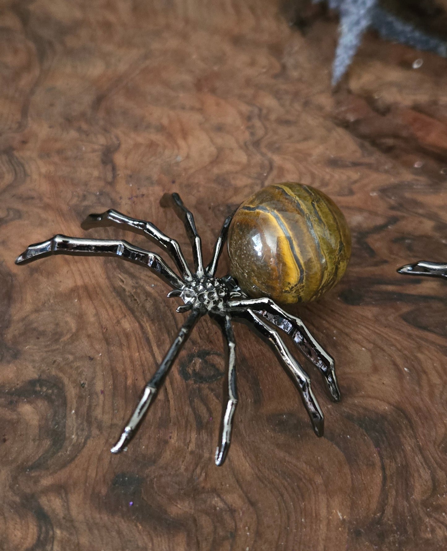 Crystal & Metal Spider — Tiger’s Eye or Agate | Protection & Luck