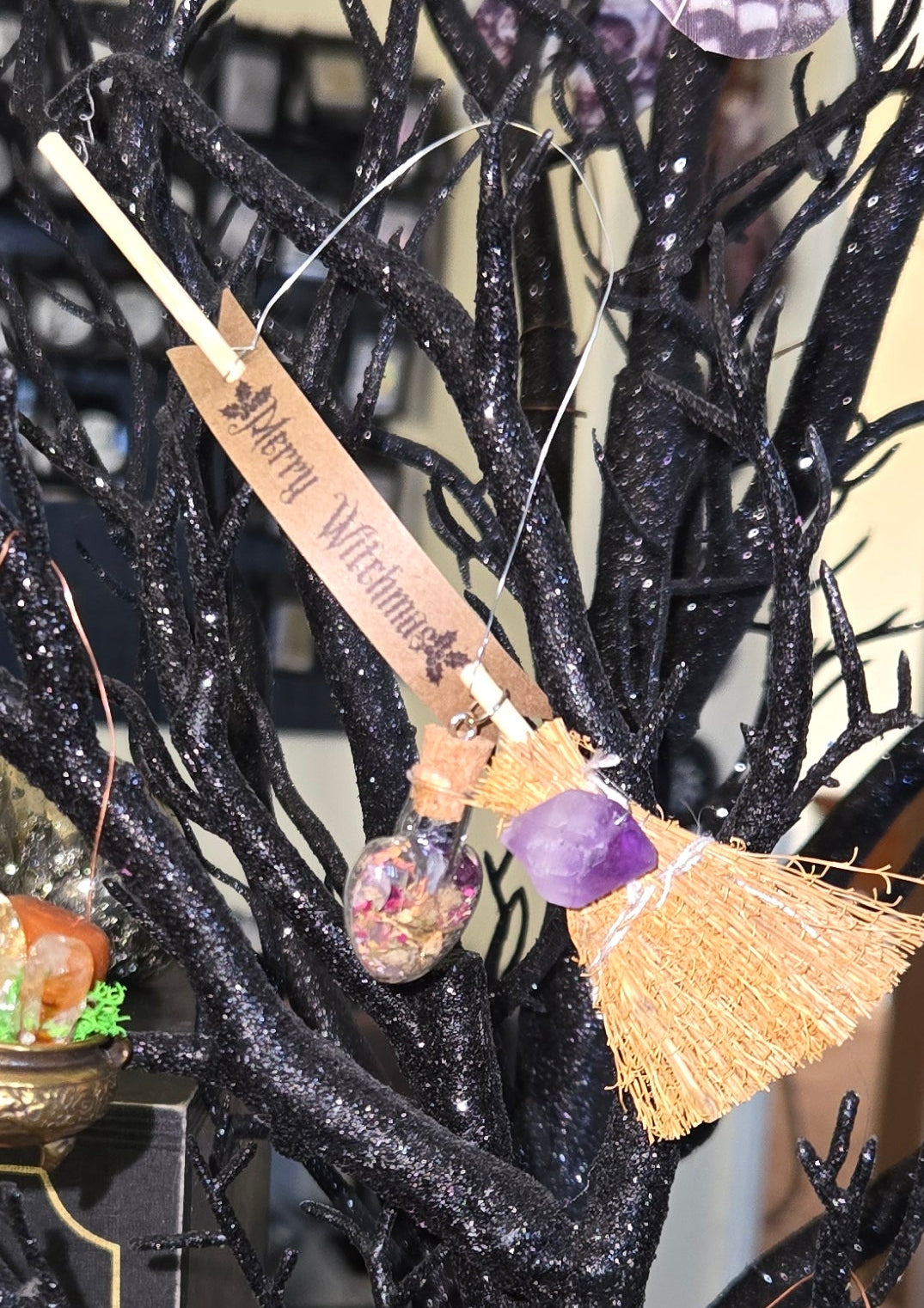 Witch’s Broom Merry Witchmas ornament with love spell and crystals – witchy Yule holiday décor