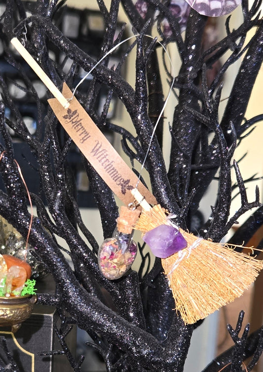 Witch’s Broom Merry Witchmas ornament with love spell and crystals – witchy Yule holiday décor