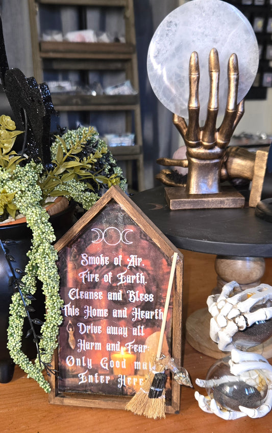 Home Blessings wooden sign with broom and protection spell bottle handmade witchy home decor