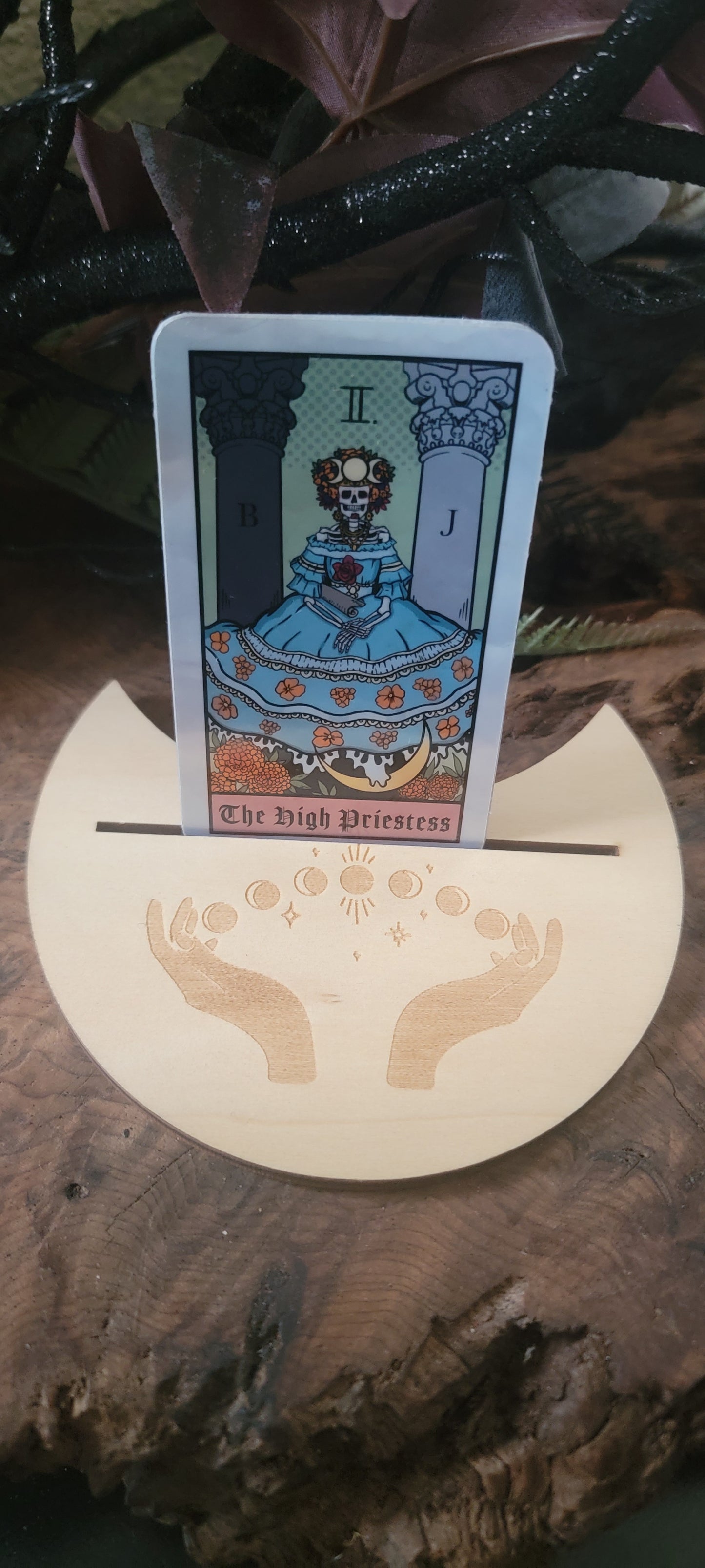 Moon shaped Tarot Card Display Stand โ Engraved Wood with Mystic Designs