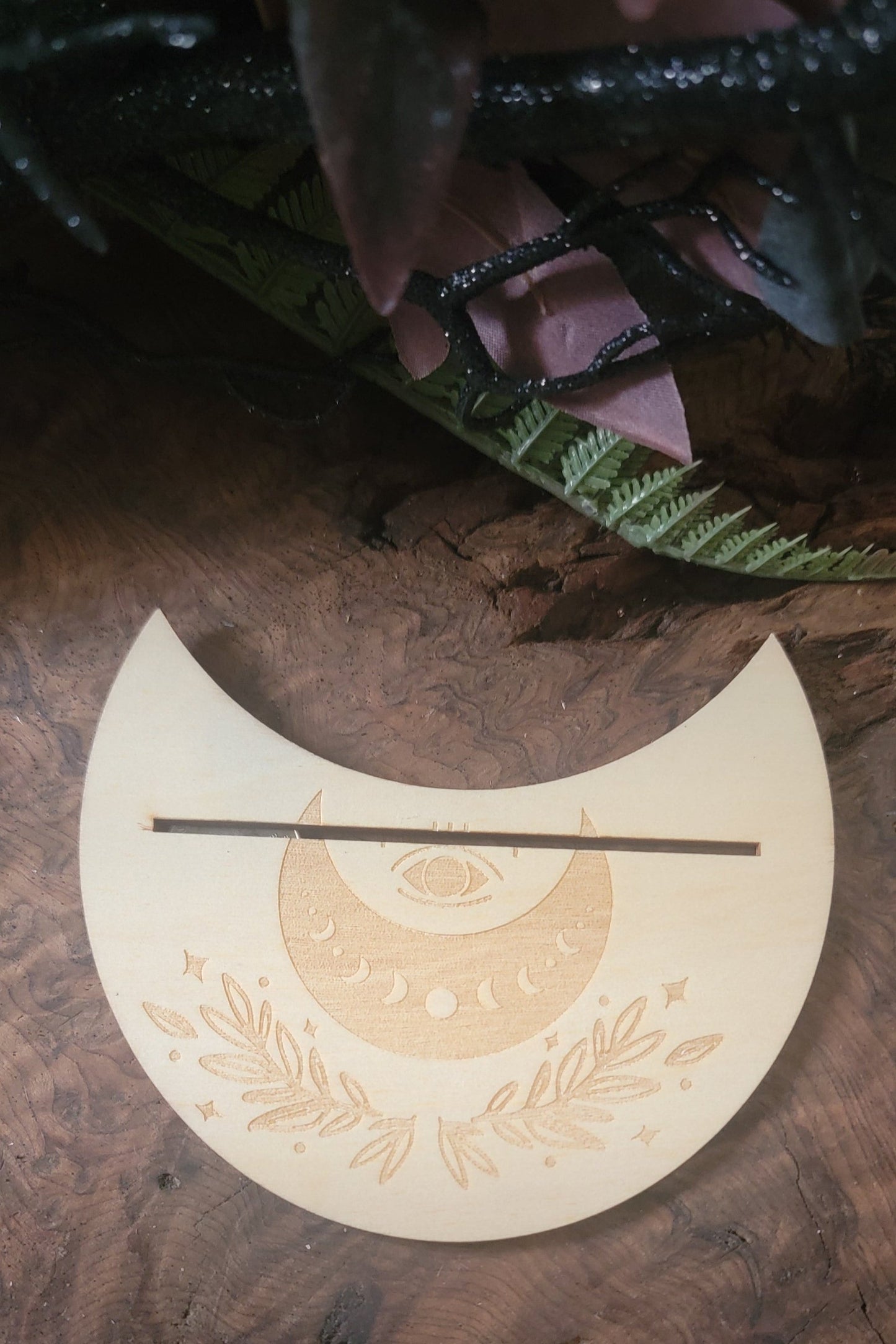 Moon shaped Tarot Card Display Stand โ Engraved Wood with Mystic Designs