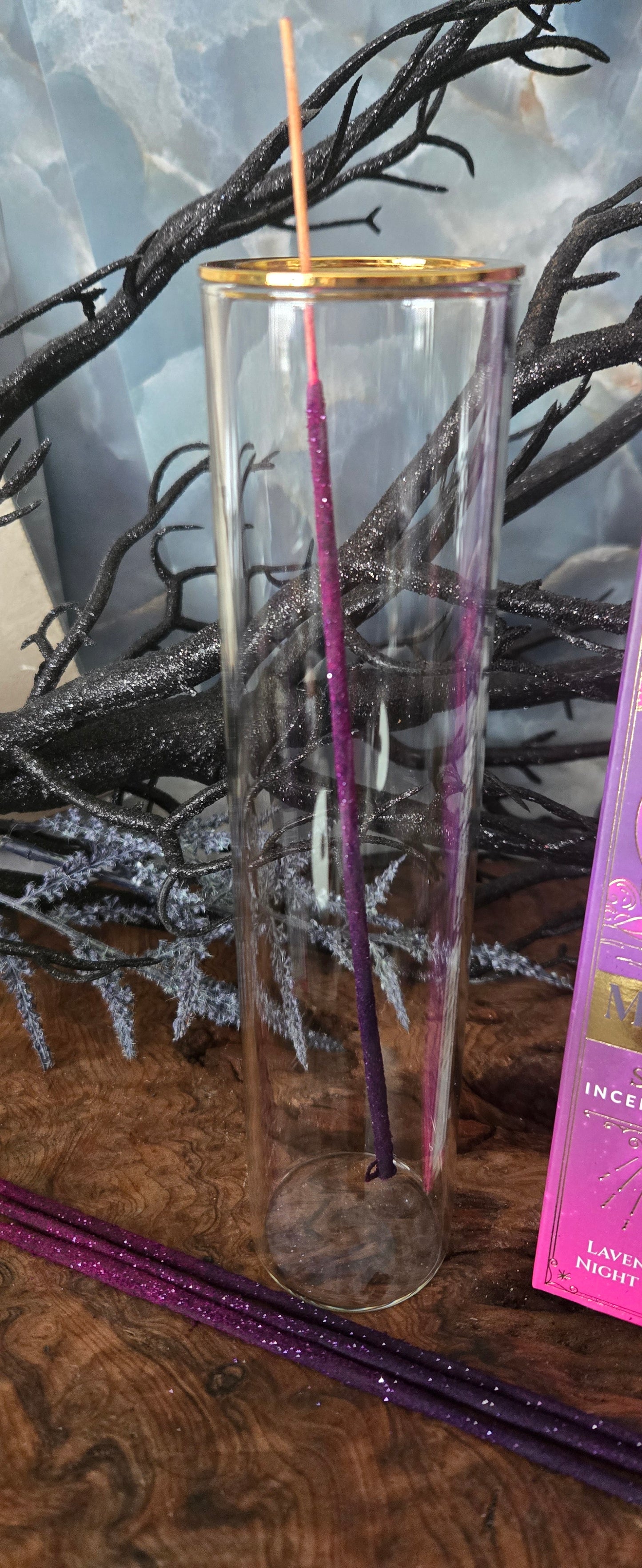 Glass Incense Holder with Magic Series Incense Sticks Bundle Set – Crystal Clear Holder + Spell Intention Incense