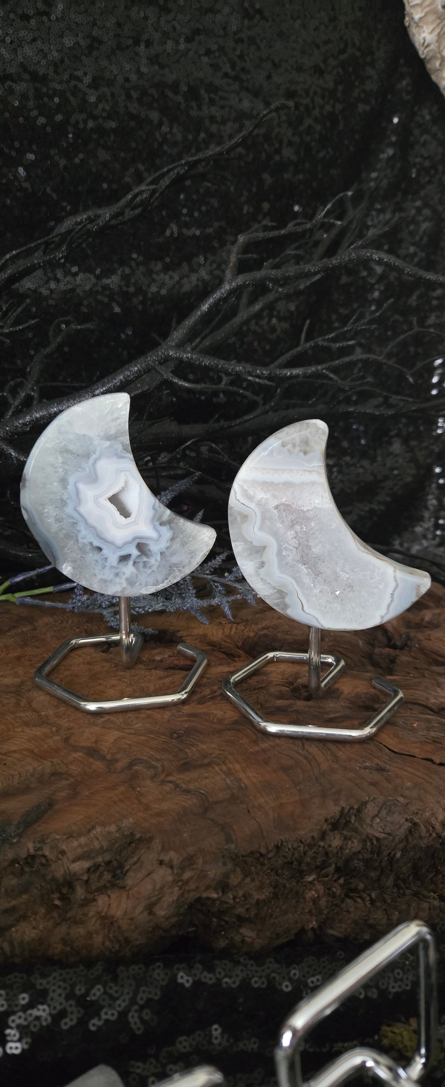 Druzy Agate Crescent Moon on Stand – Grounding Crystal Decor