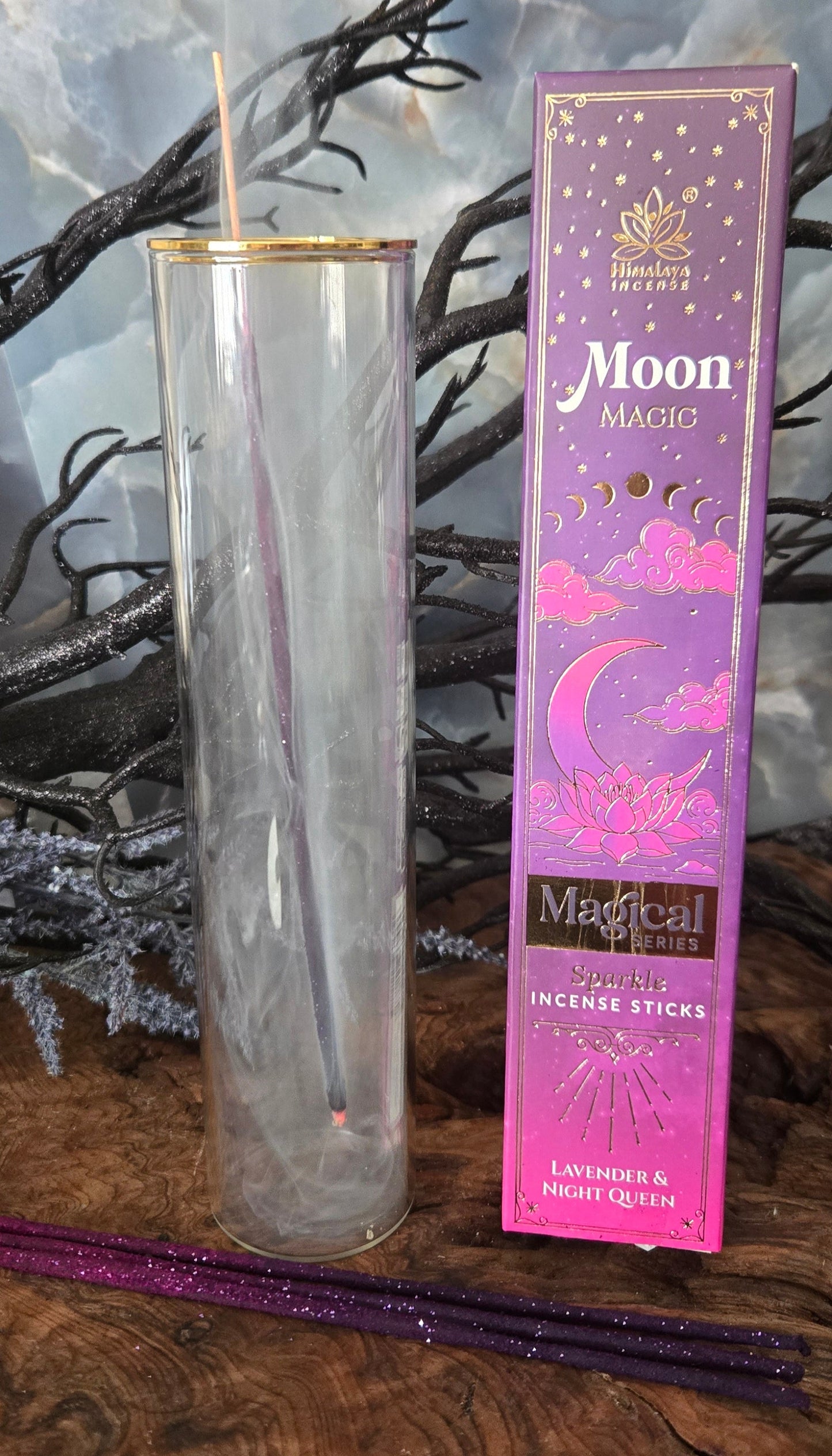 Glass Incense Holder with Magic Series Incense Sticks Bundle Set – Crystal Clear Holder + Spell Intention Incense