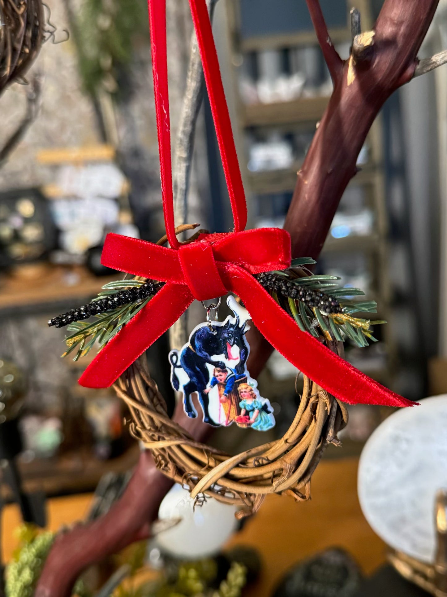 Krampus Ornament Grapevine Wreath – Gothic Christmas Wall Decor