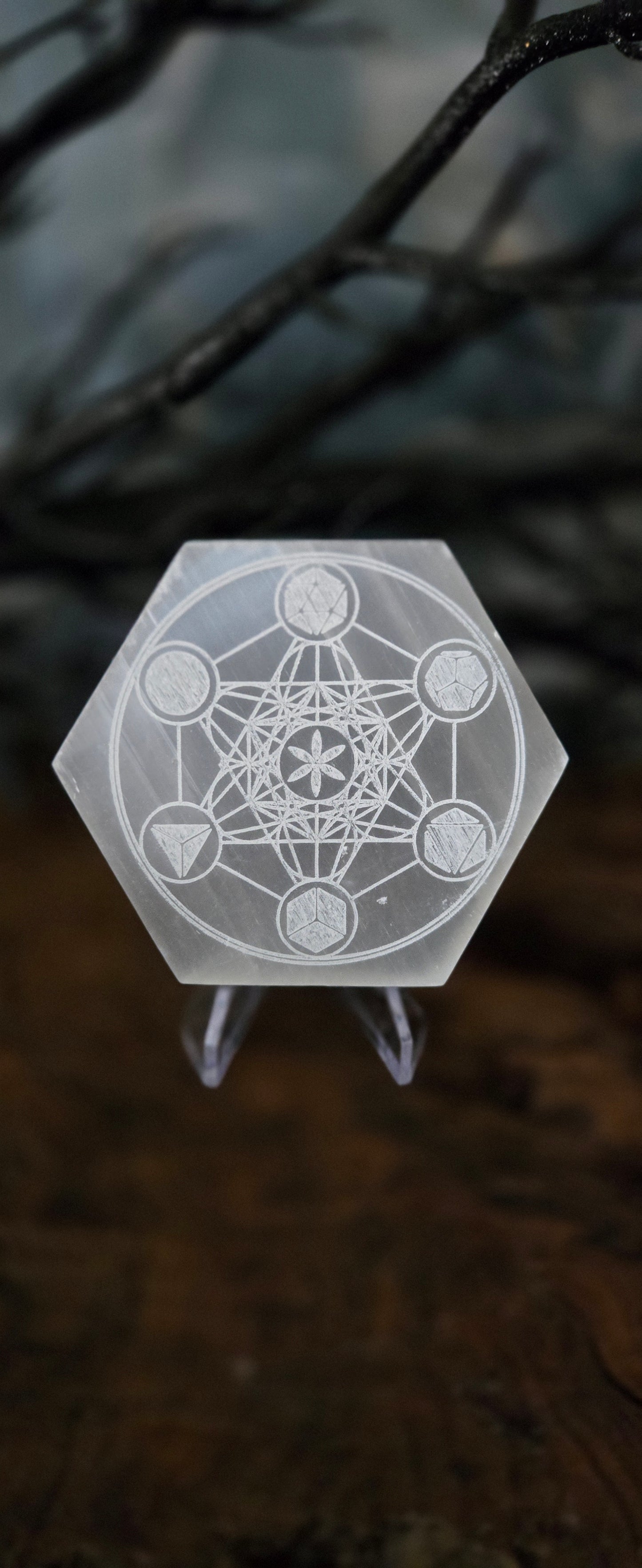 Selenite Metatron Crystal Grid Plate – Engraved with 5 Platonic Solids in a Circle| Sacred Geometry Energy Grid | Meditation & Manifestation Tool