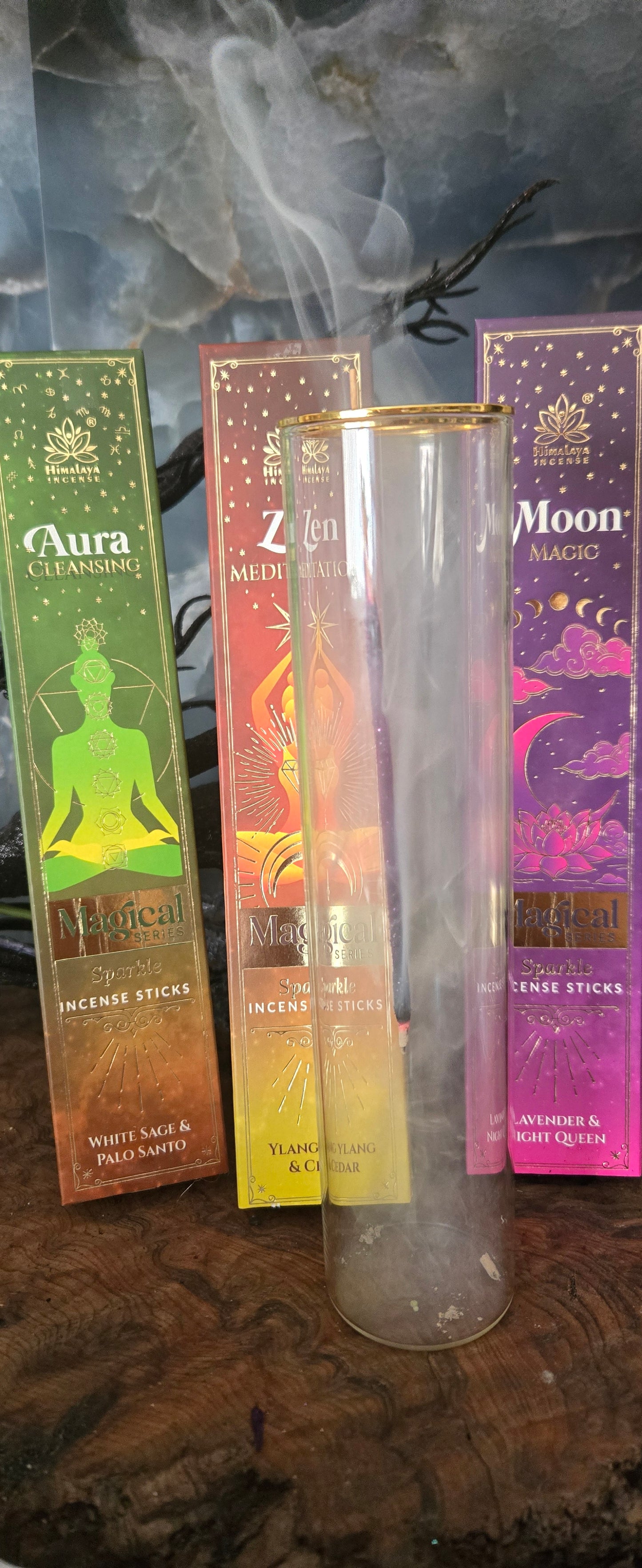 Crystal-clear incense holder with intention incense sticks – altar and ritual accessories