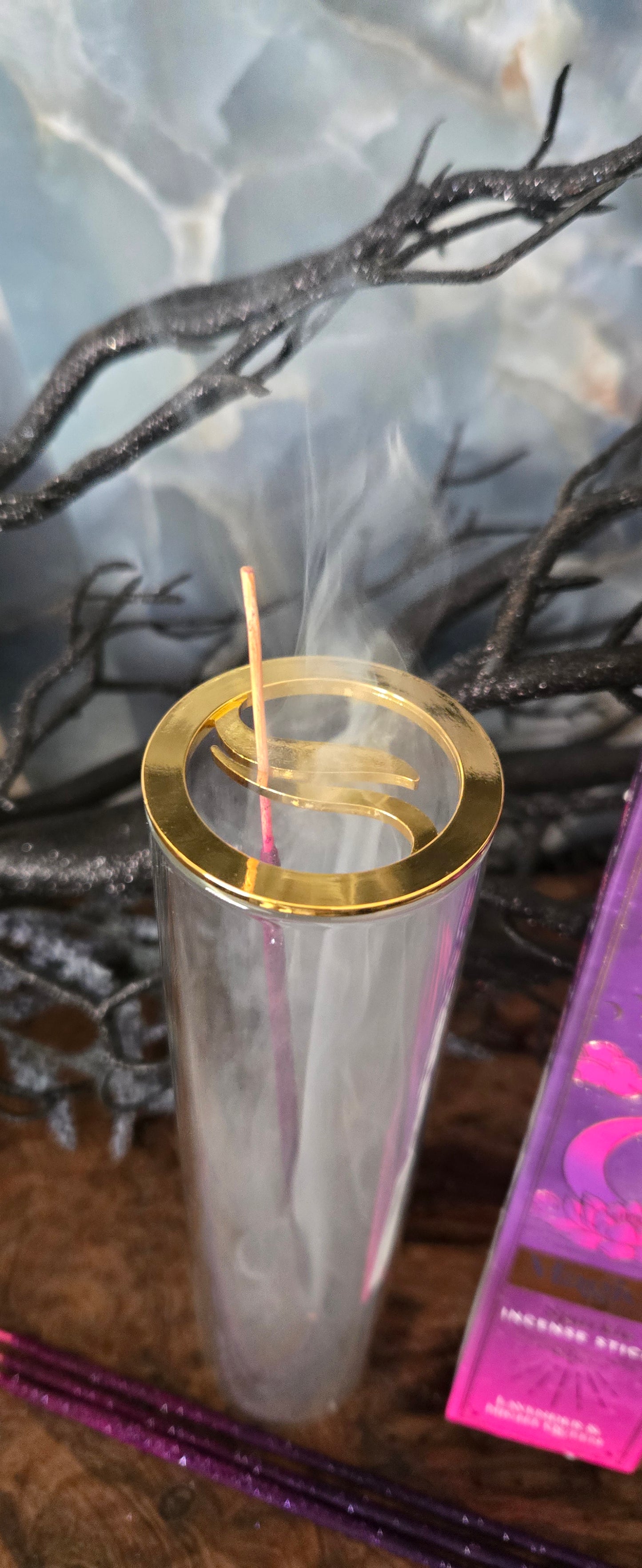 Glass Incense Holder with Magic Series Incense Sticks Bundle Set – Crystal Clear Holder + Spell Intention Incense