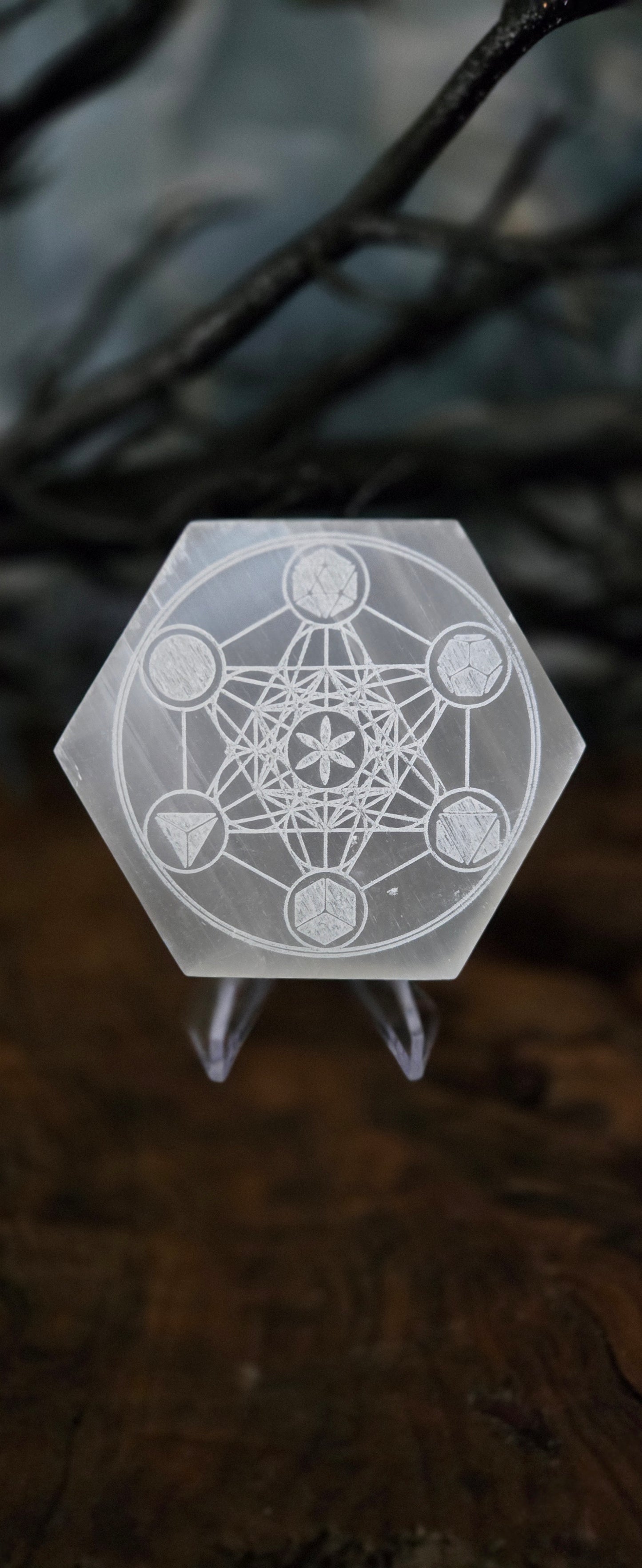 Selenite Metatron Crystal Grid Plate – Engraved with 5 Platonic Solids in a Circle| Sacred Geometry Energy Grid | Meditation & Manifestation Tool
