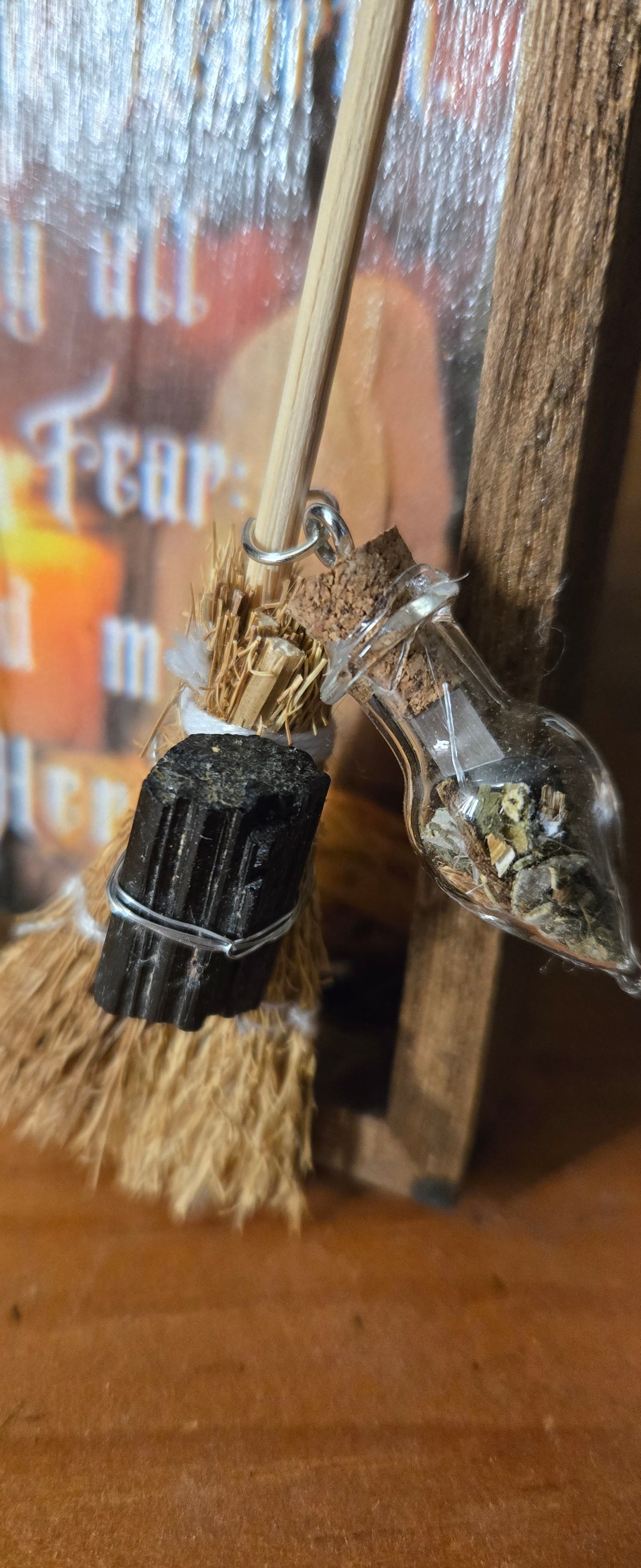 Rustic witchy wooden plaque with mini broom and spell jar for home protection and blessings