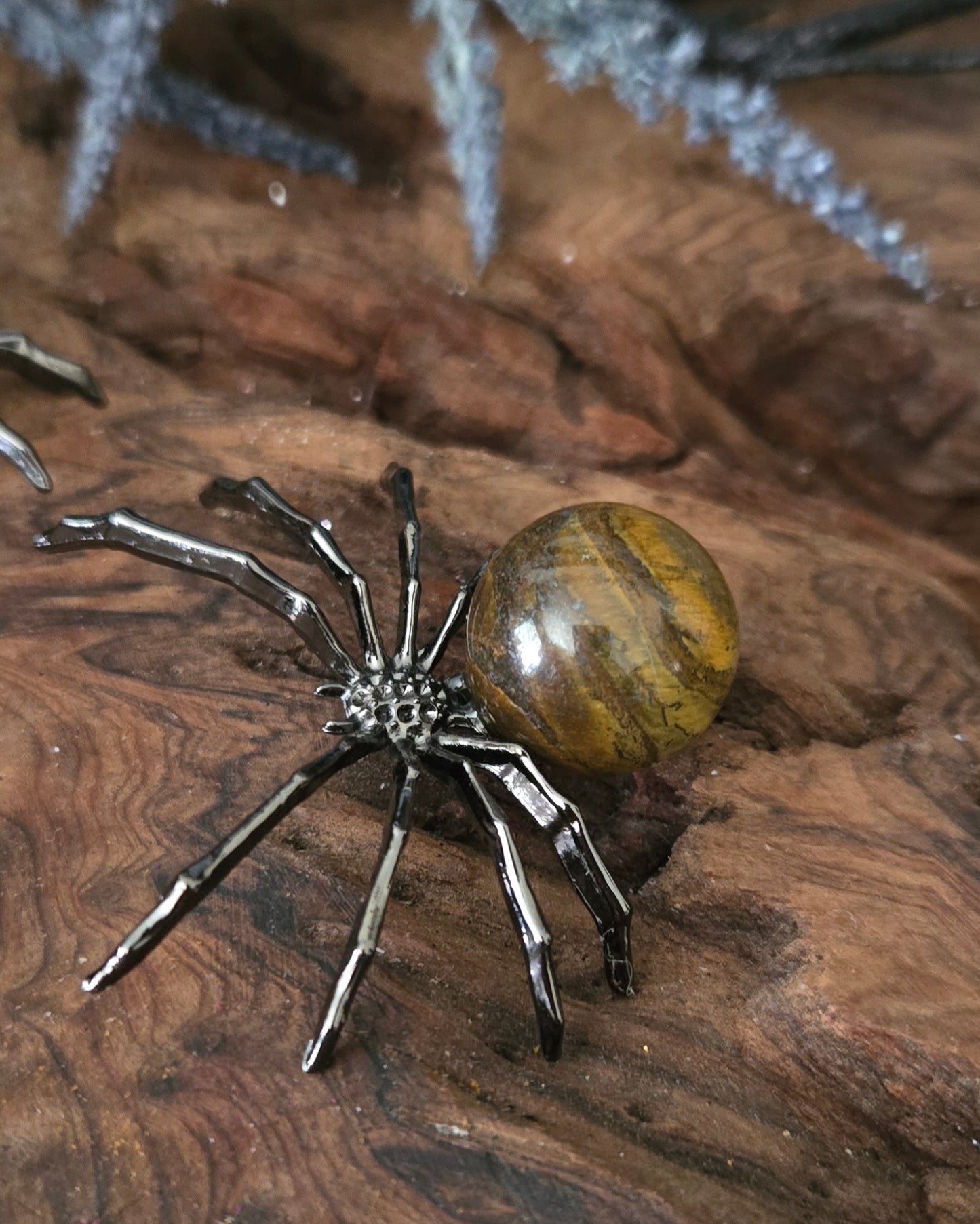 Crystal & Metal Spider — Tiger’s Eye or Agate | Protection & Luck