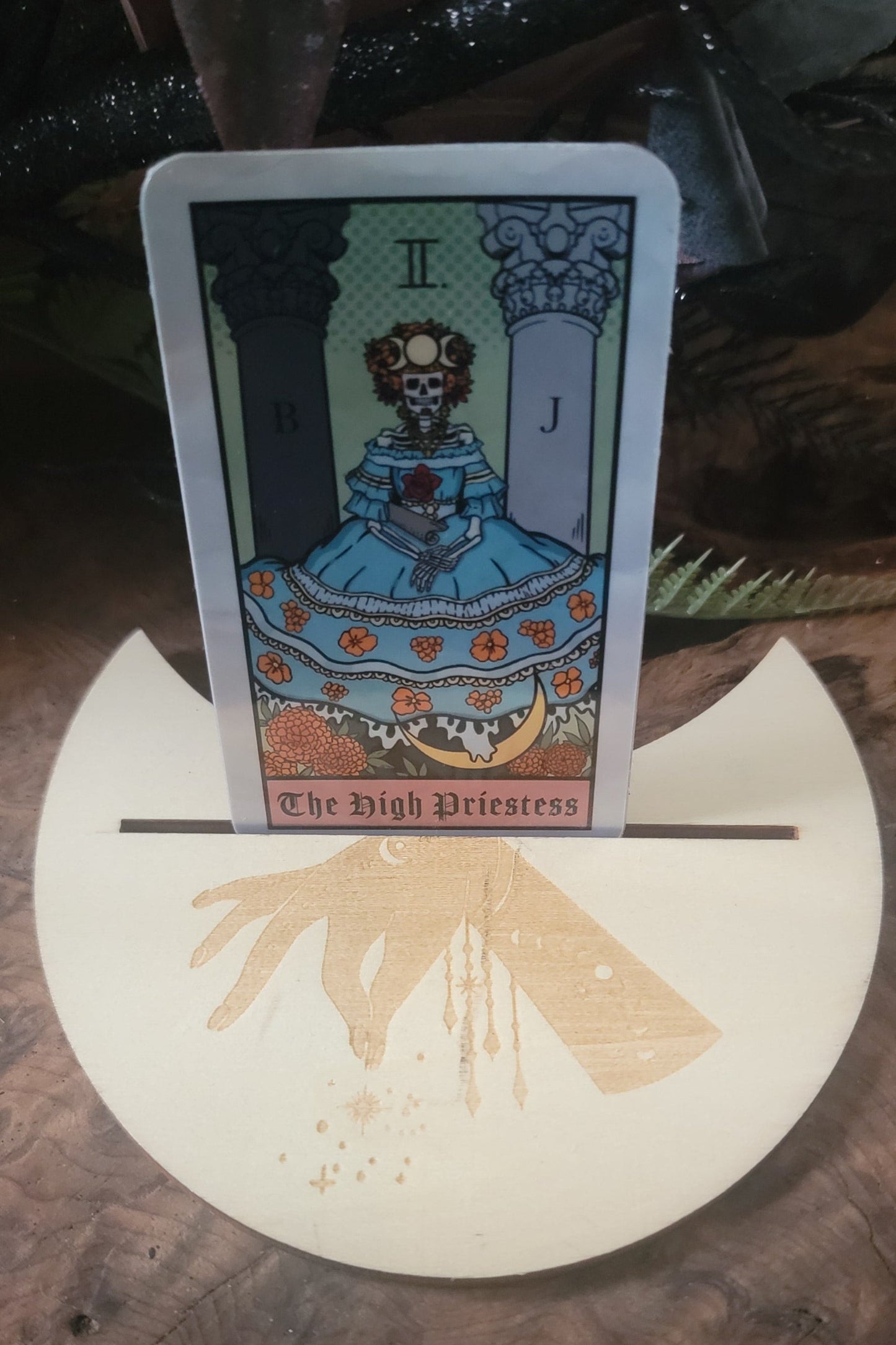 Moon shaped Tarot Card Display Stand โ Engraved Wood with Mystic Designs