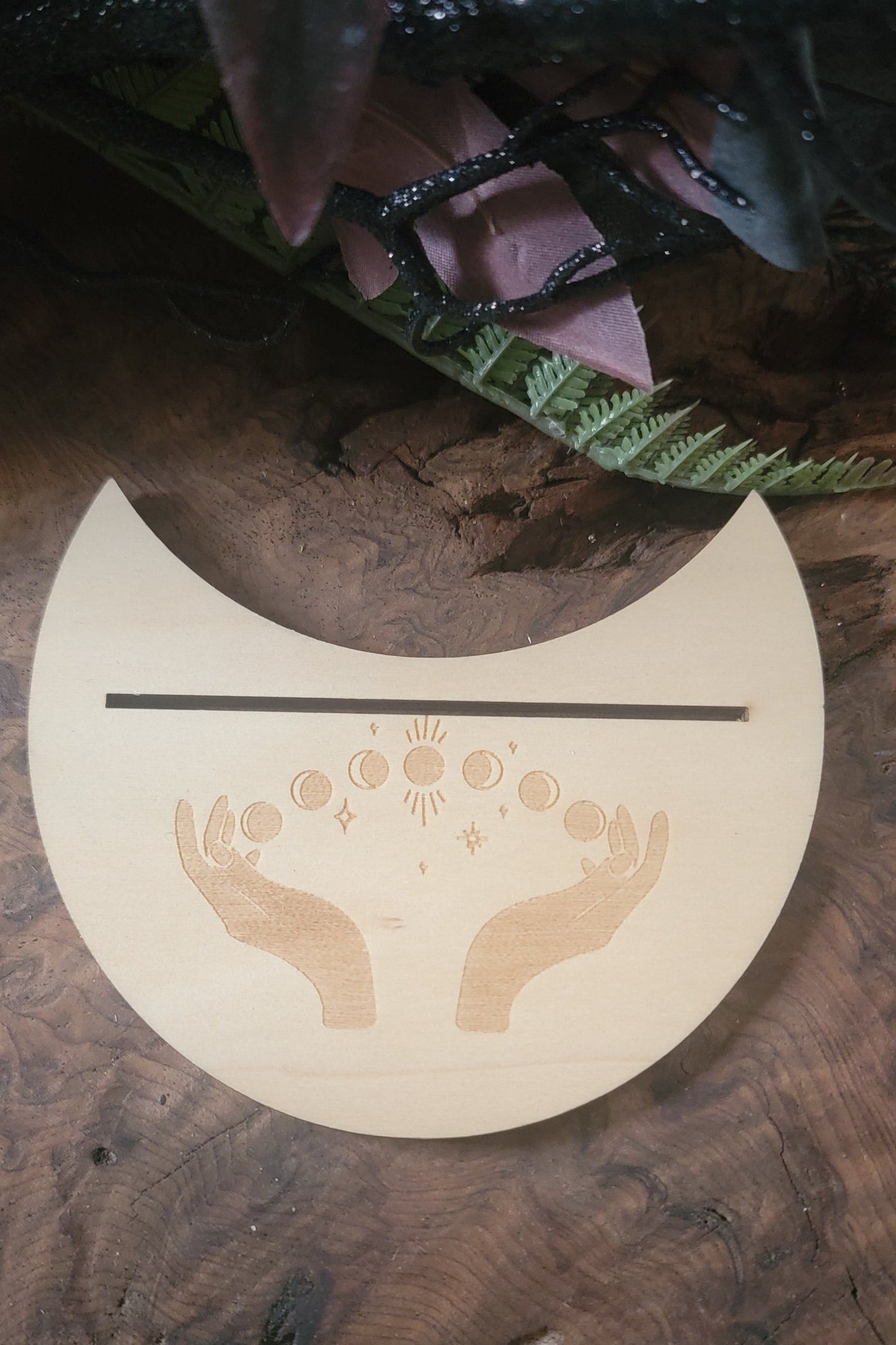 Moon shaped Tarot Card Display Stand โ Engraved Wood with Mystic Designs