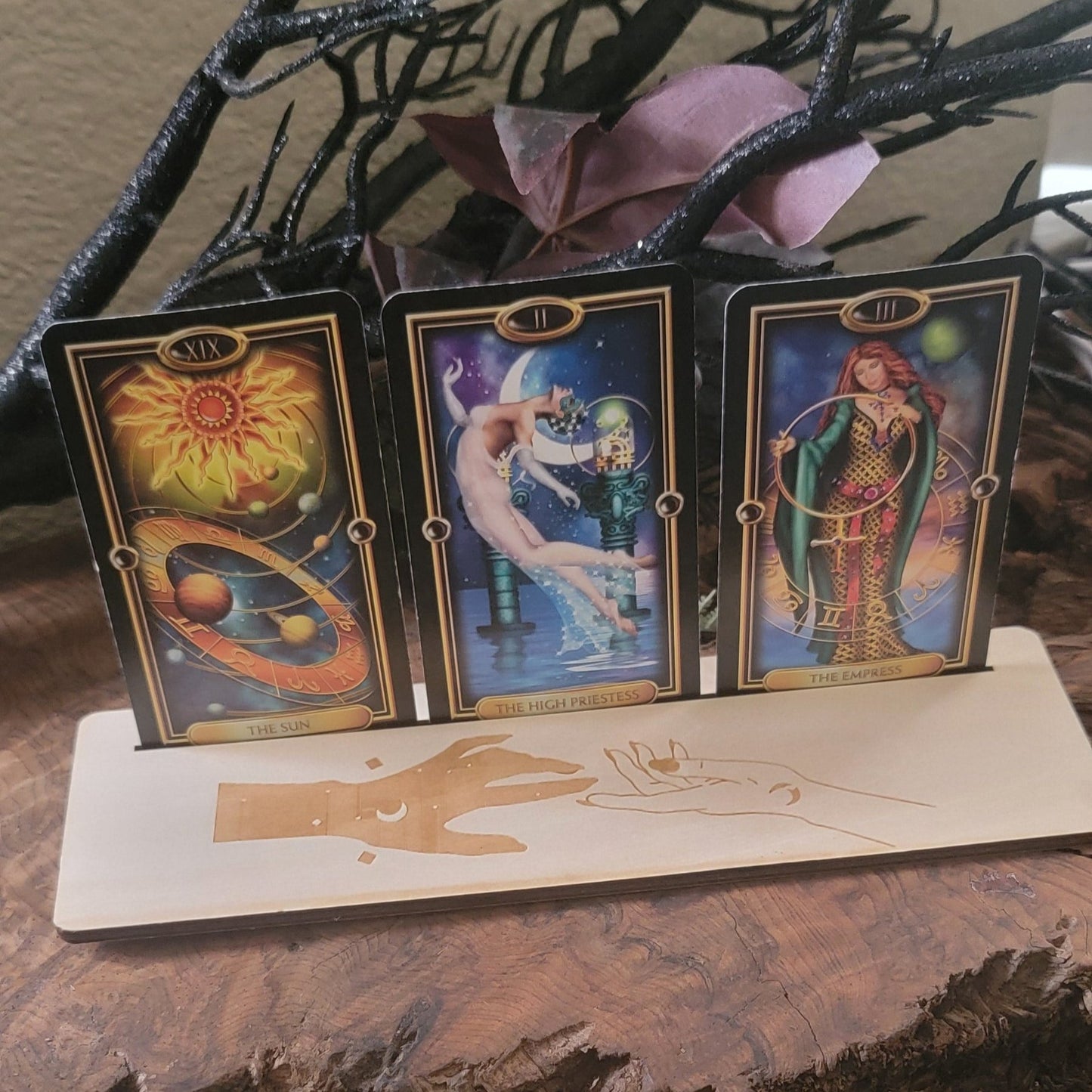 Triple Tarot Card Display Stand ā Engraved Lunar & Mystic Designs