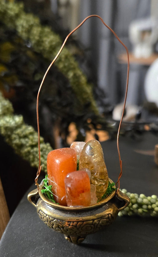 Brass cauldron crystal ornament – witchy Yule tree décor filled with Citrine, Carnelian and Sunstone