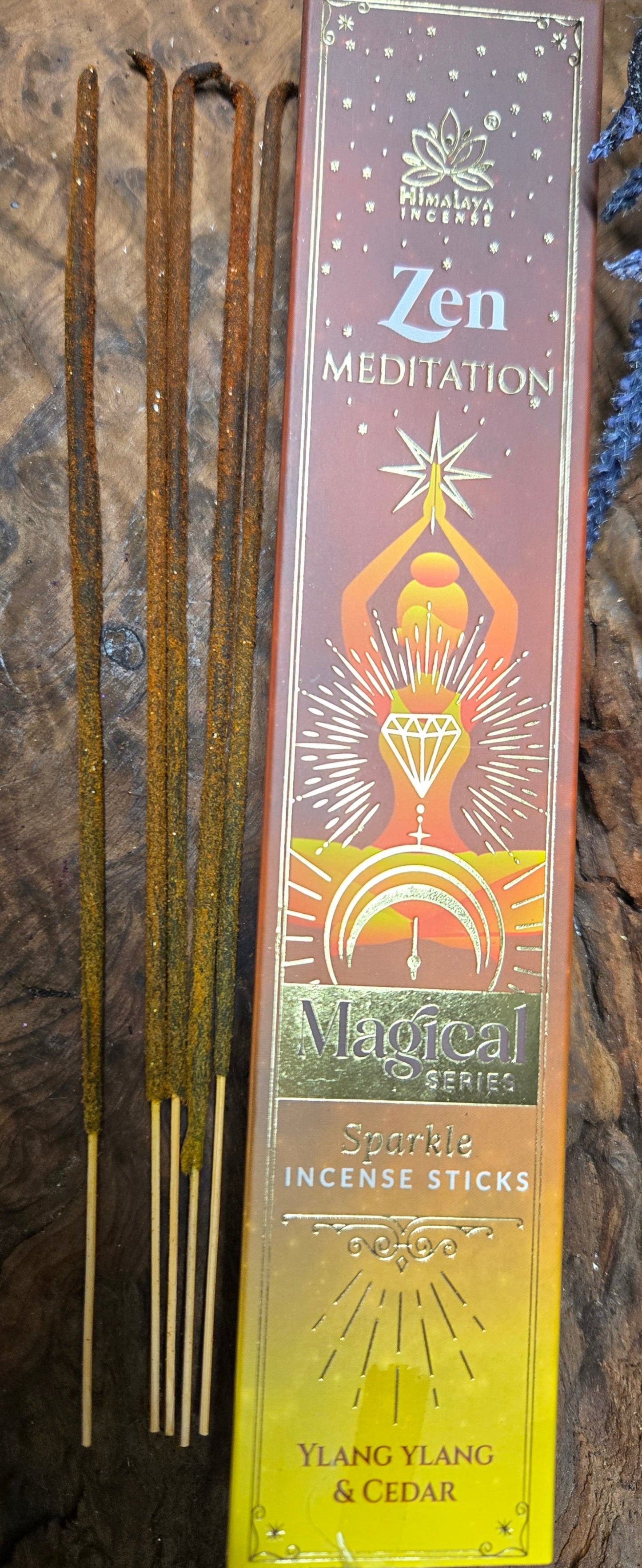 Zen Meditation Incense Sticks – Ylang Ylang & Cedar | Yellow & Brown with Golden Glitter | Calm & Grounded Aromatherapy