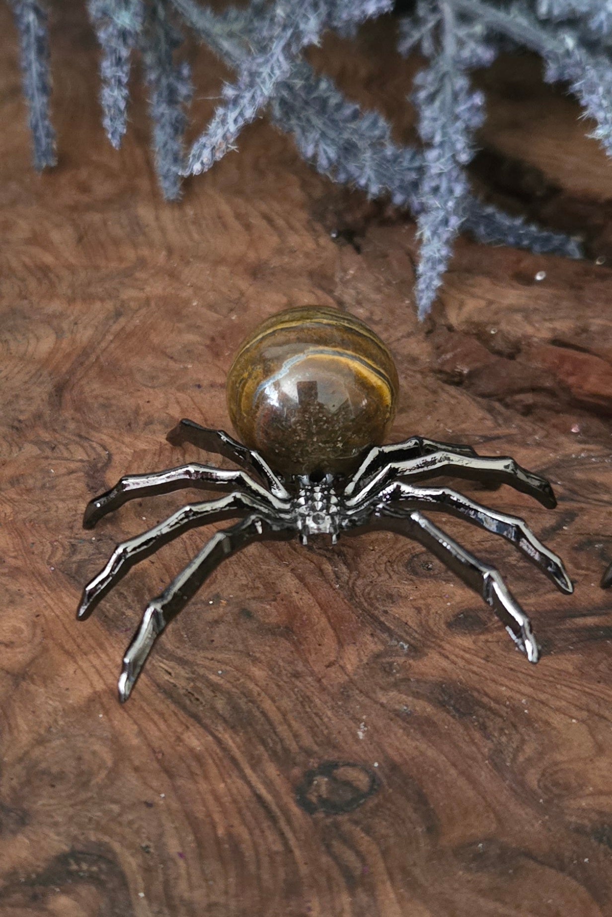 Crystal & Metal Spider — Tiger’s Eye or Agate | Protection & Luck