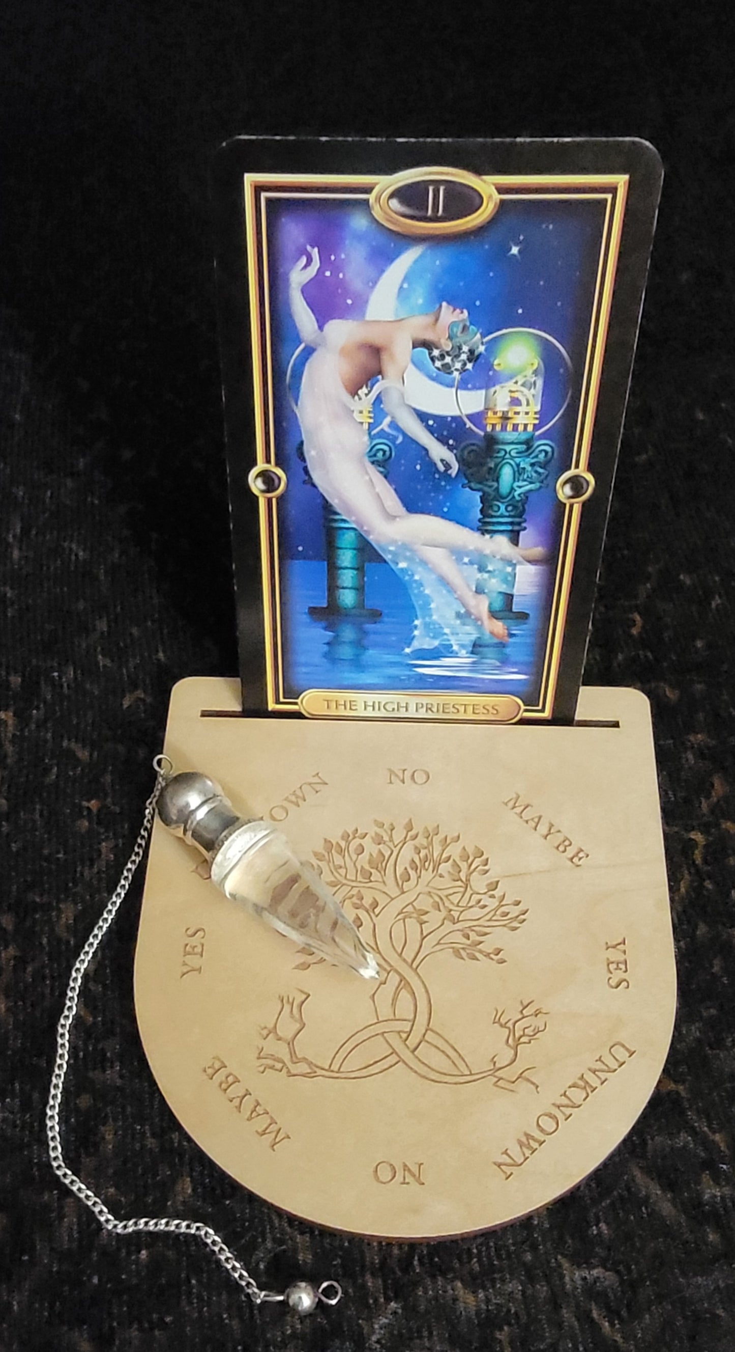 Single Tarot Card Holder with Pendulum Board – Wooden Divination Tool for Daily Draws & Dowsing