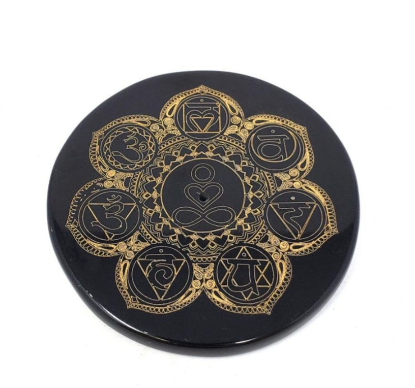 Black agate stick incense holder with gold engraved chakra symbols and yogi symbol