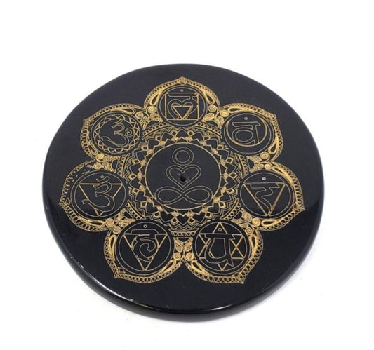 Black agate stick incense holder with gold engraved chakra symbols and yogi symbol