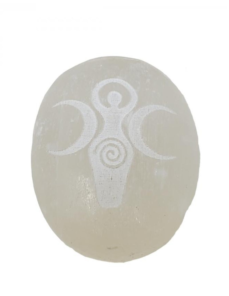 Selenite palmstone, with a triple moon goddess, etched onto it