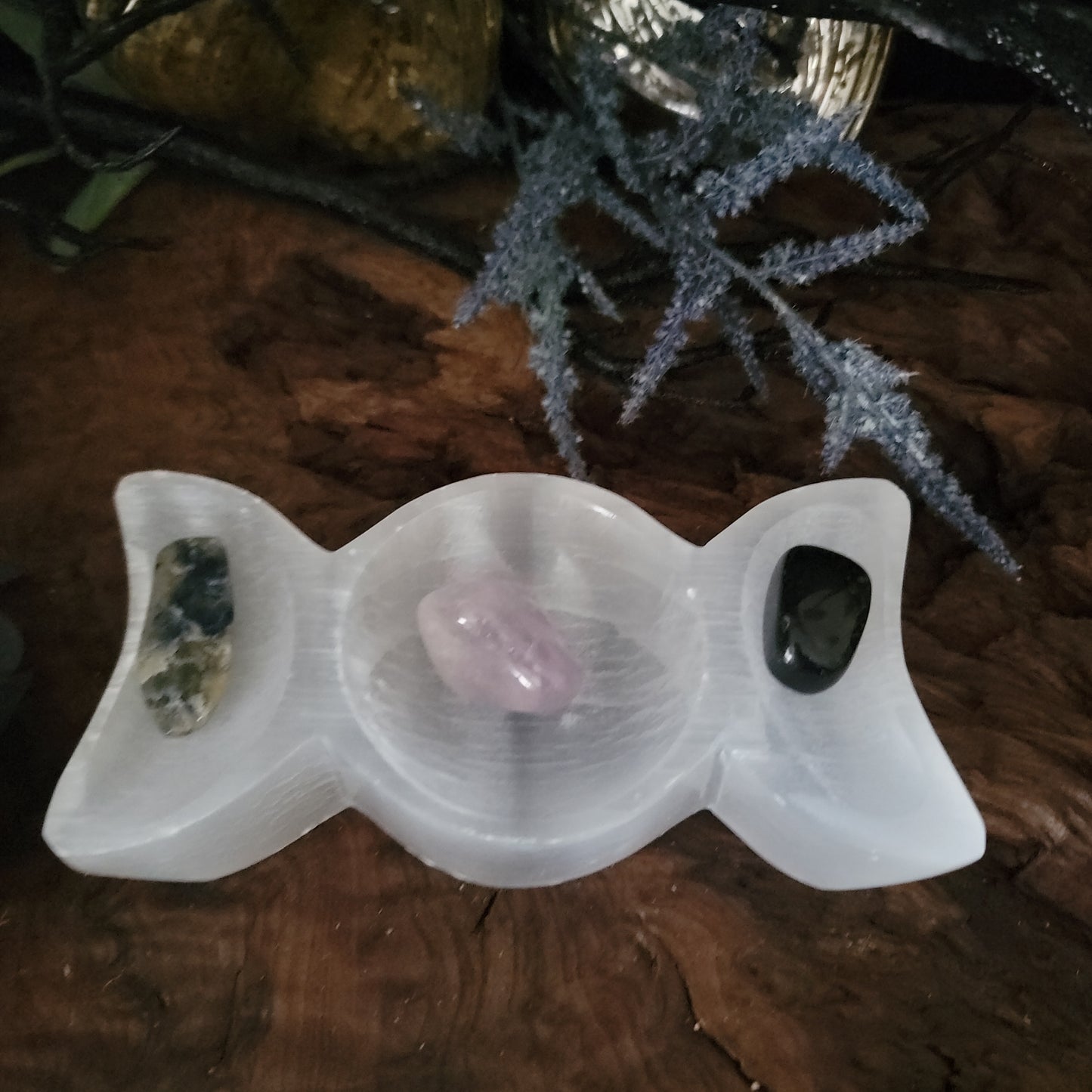 Selenite Triple Moon Offering Bowl – Hecate Altar Charging Dish