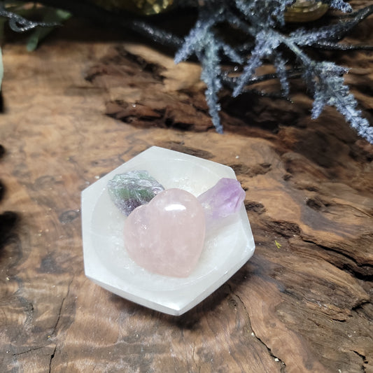 Selenite Self-Love Bowl Set – Rose Quartz, Amethyst & Fluorite