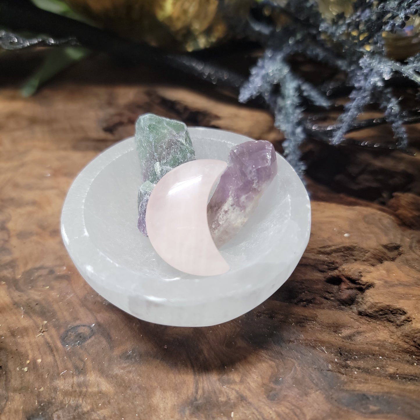 Selenite Self-Love Bowl Set – Rose Quartz, Amethyst & Fluorite