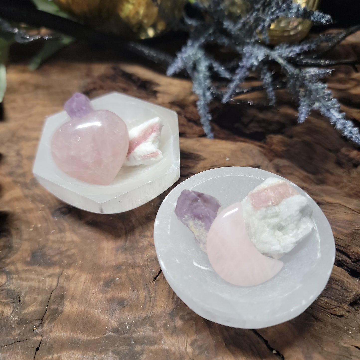 Allow Love In Selenite bowl set (Rose Quartz, Amethyst and Pink Tourmaline)