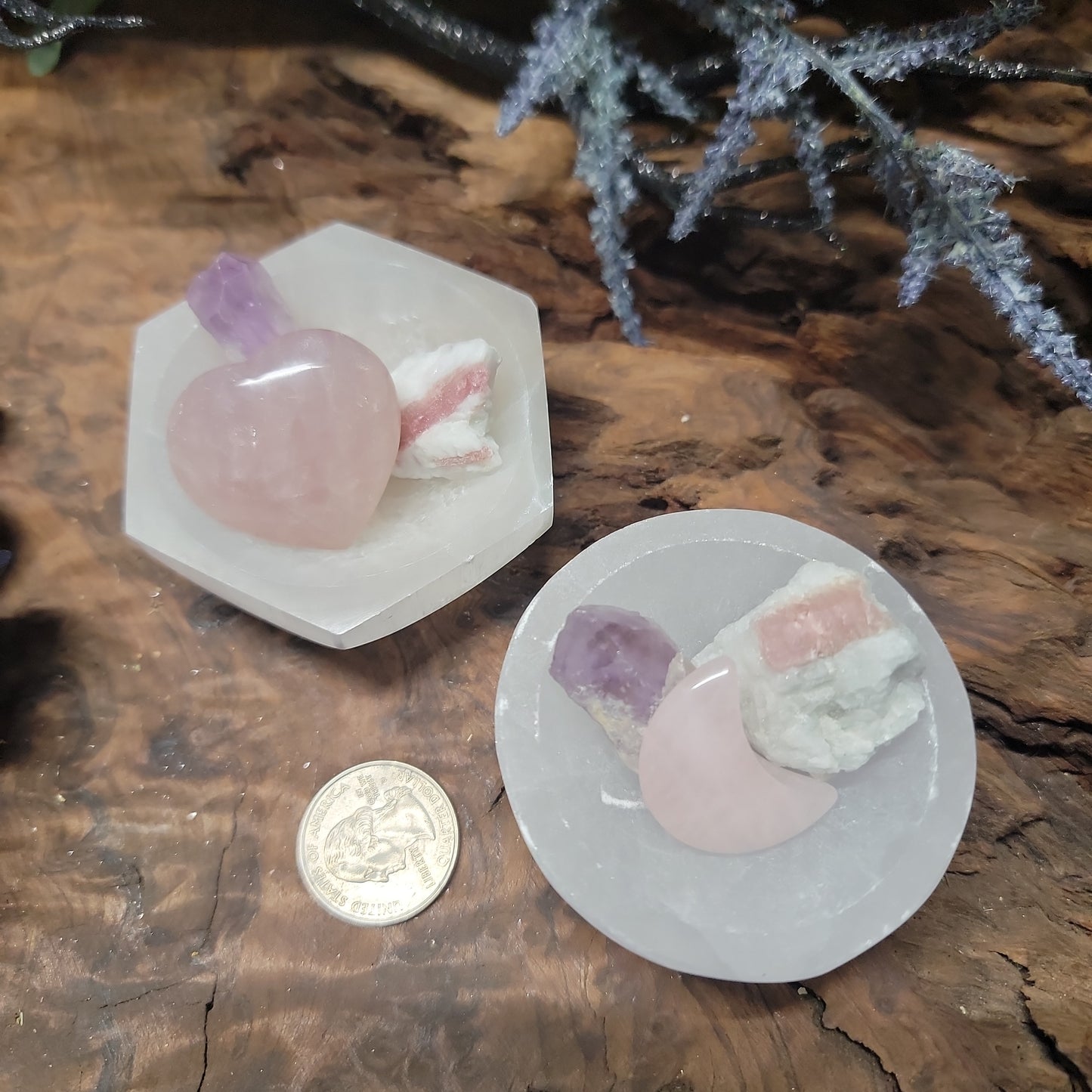 Allow Love In Selenite bowl set (Rose Quartz, Amethyst and Pink Tourmaline)