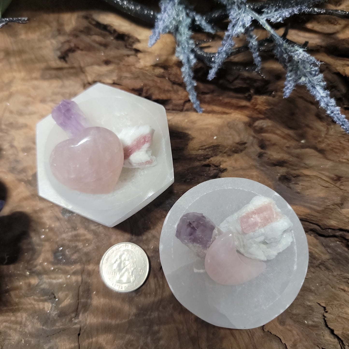 Allow Love In Selenite bowl set (Rose Quartz, Amethyst and Pink Tourmaline)