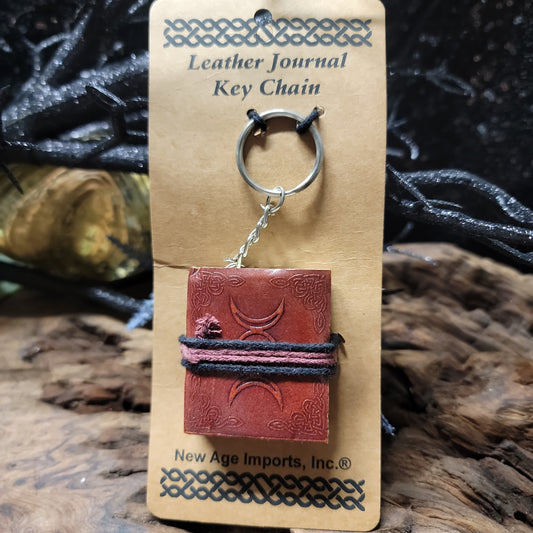 Triple Moon Leather mini  Spellbook keychain – Witchcraft Grimoire Key Ring, Pocket Book of Shadows Charm