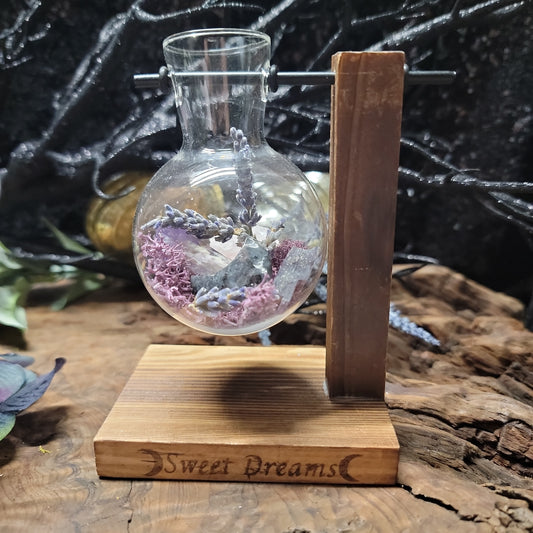 Sweet Dreams Glass Beaker Terrarium on Wooden Stand – Dream Magic & Sleep Ritual Decor