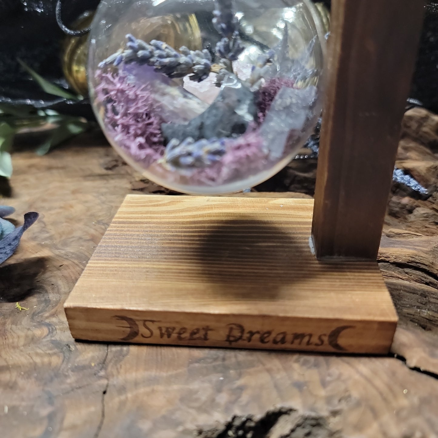 Sweet Dreams Glass Ball Terrarium on wooden stand