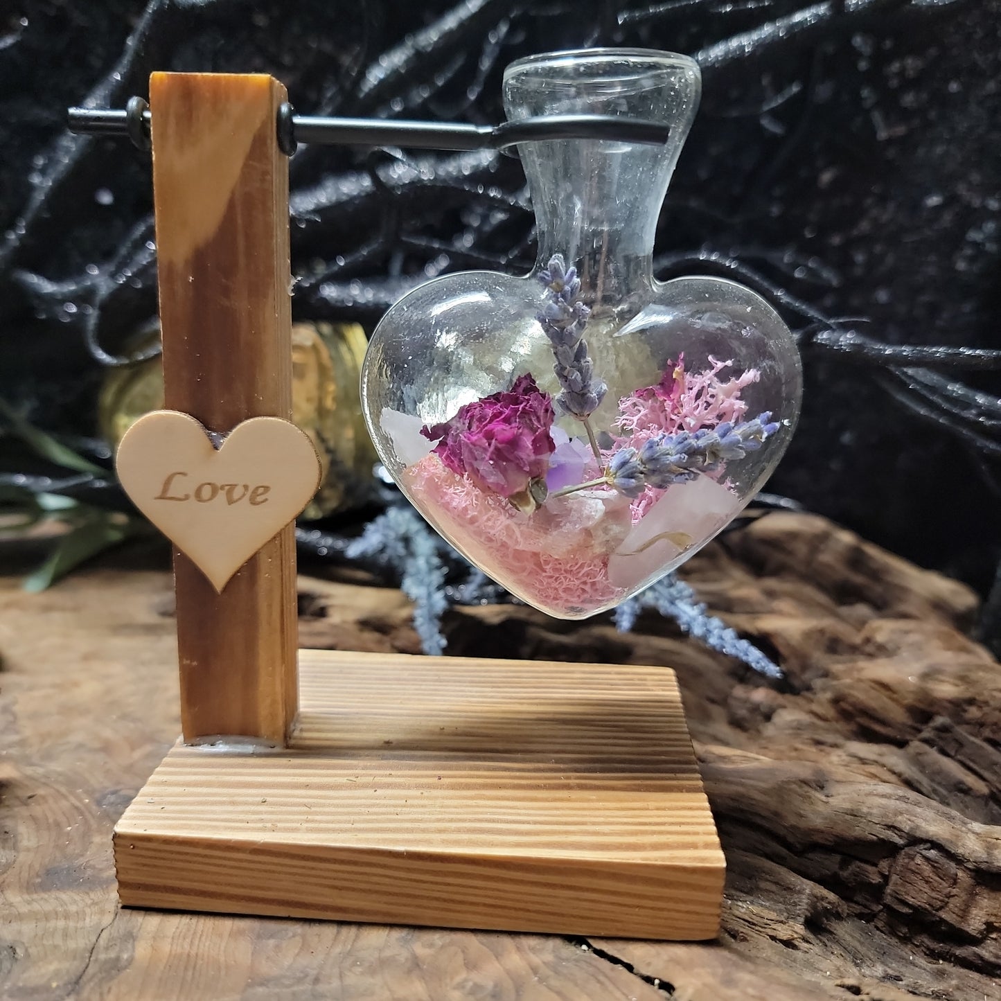 Glass Heart shaped Crystal Terrarium on wooden stand, love crystal terrarium