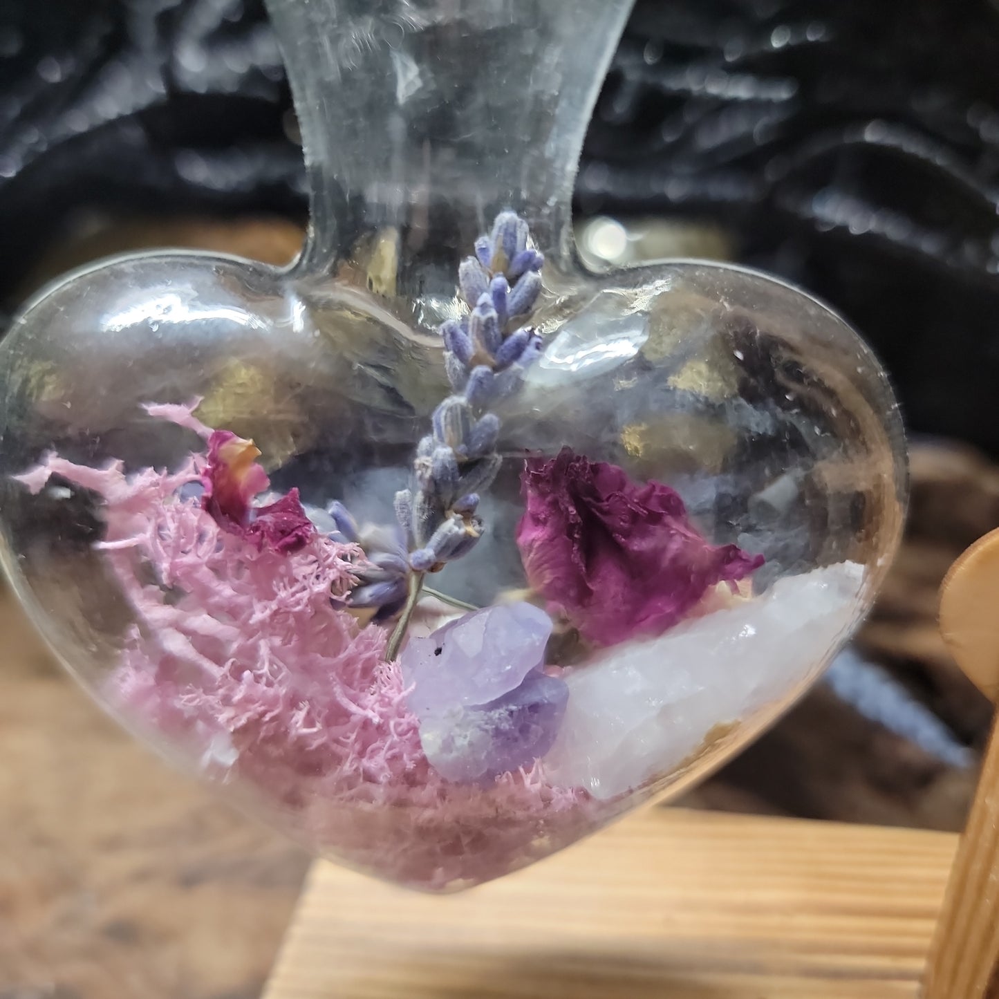 Glass Heart shaped Crystal Terrarium on wooden stand, love crystal terrarium