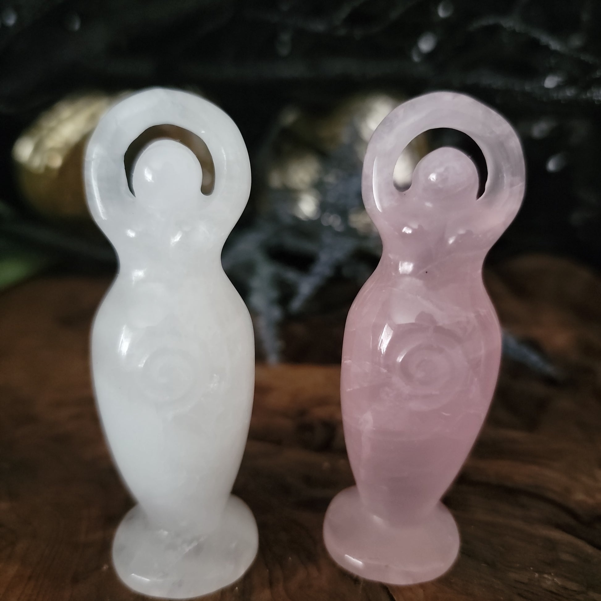 Clear quartz and rose quartz crystal shaped goddess totem