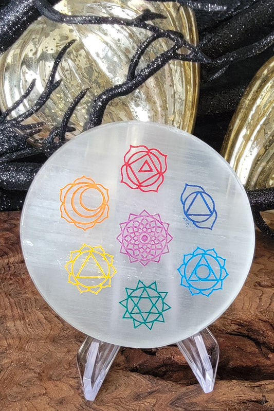 Round Selenite Plate with colorful Chakra symbols engraved