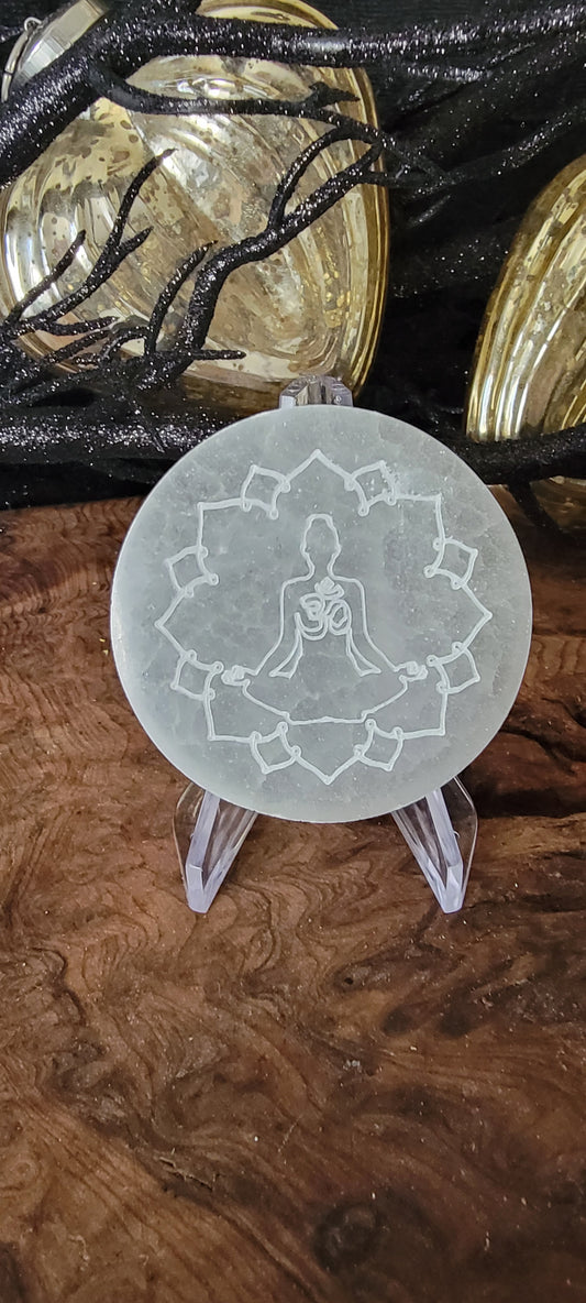  Round Selenite Plate with Lotus flour and yoga symbol. Engraved